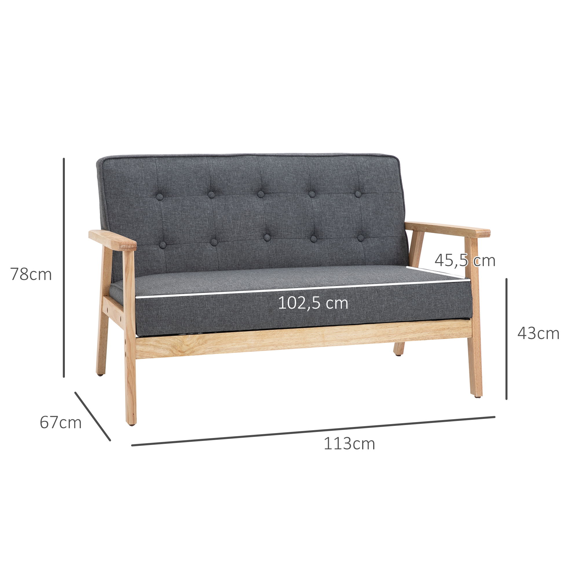 Sofá gris oscuro de dos plazas con marco de madera. Dimensiones: 113x67x78cm.