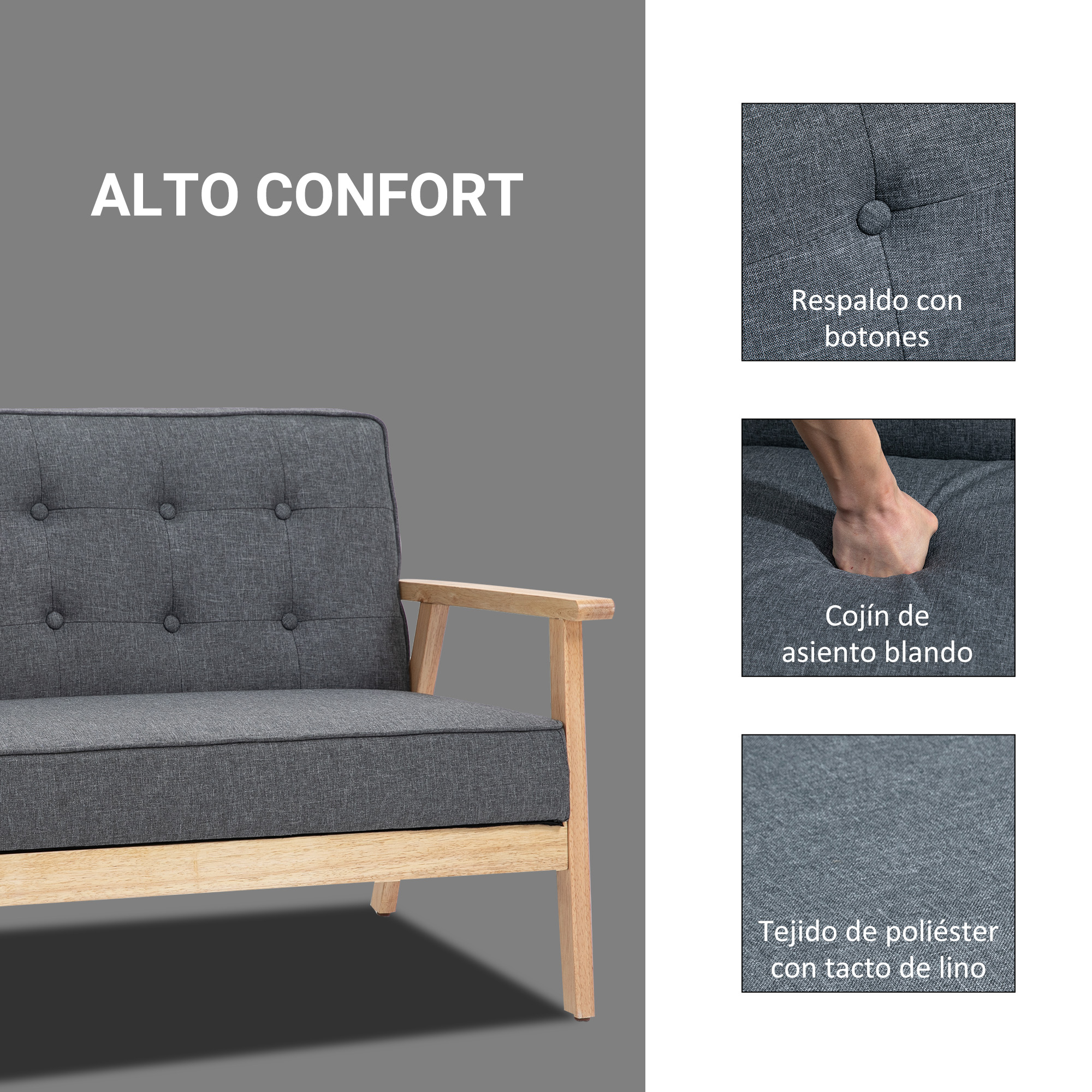Sofá gris oscuro con brazos de madera y botones. Alto confort.