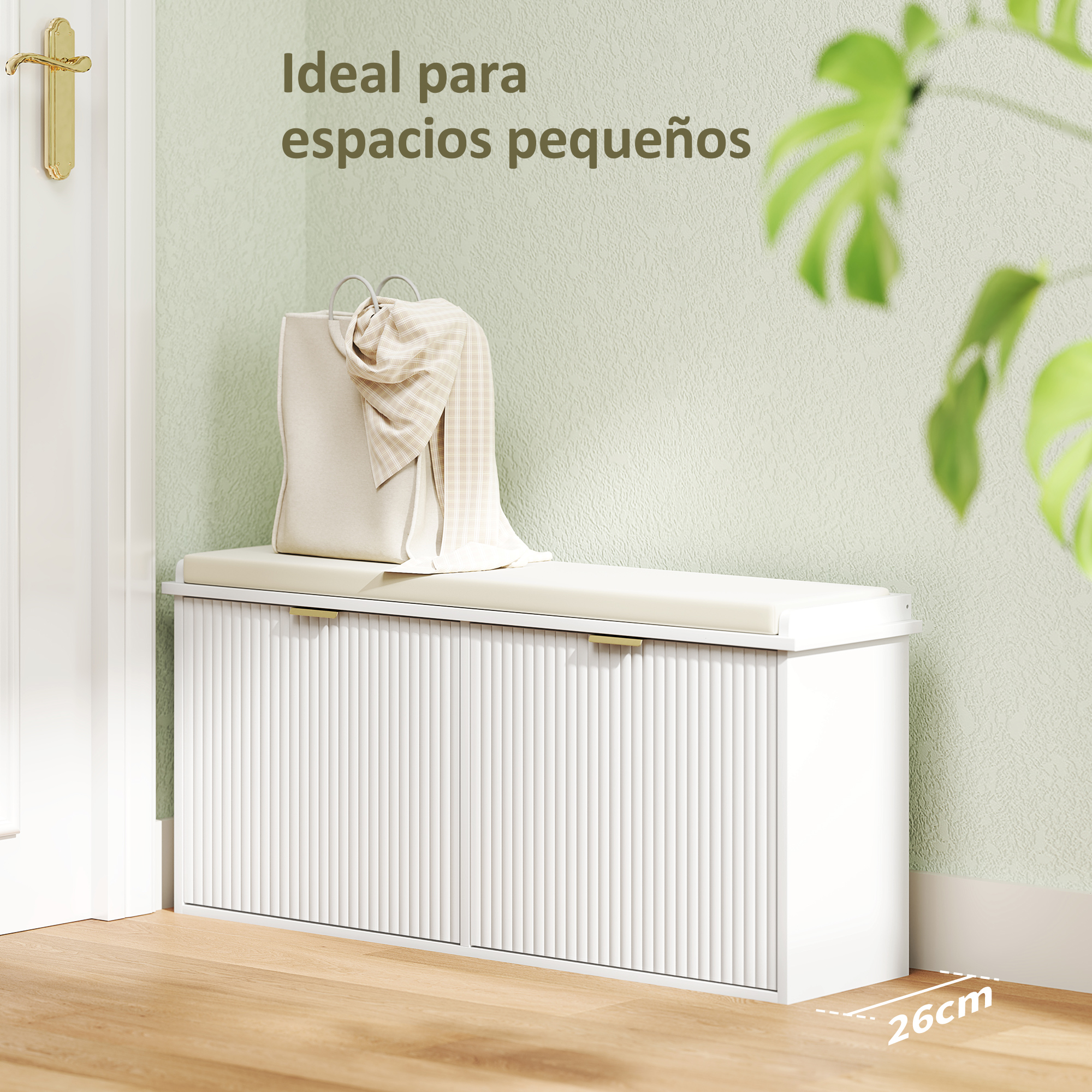 Banco de zapatos blanco con cojín, bolso y manta a cuadros, junto a una puerta.