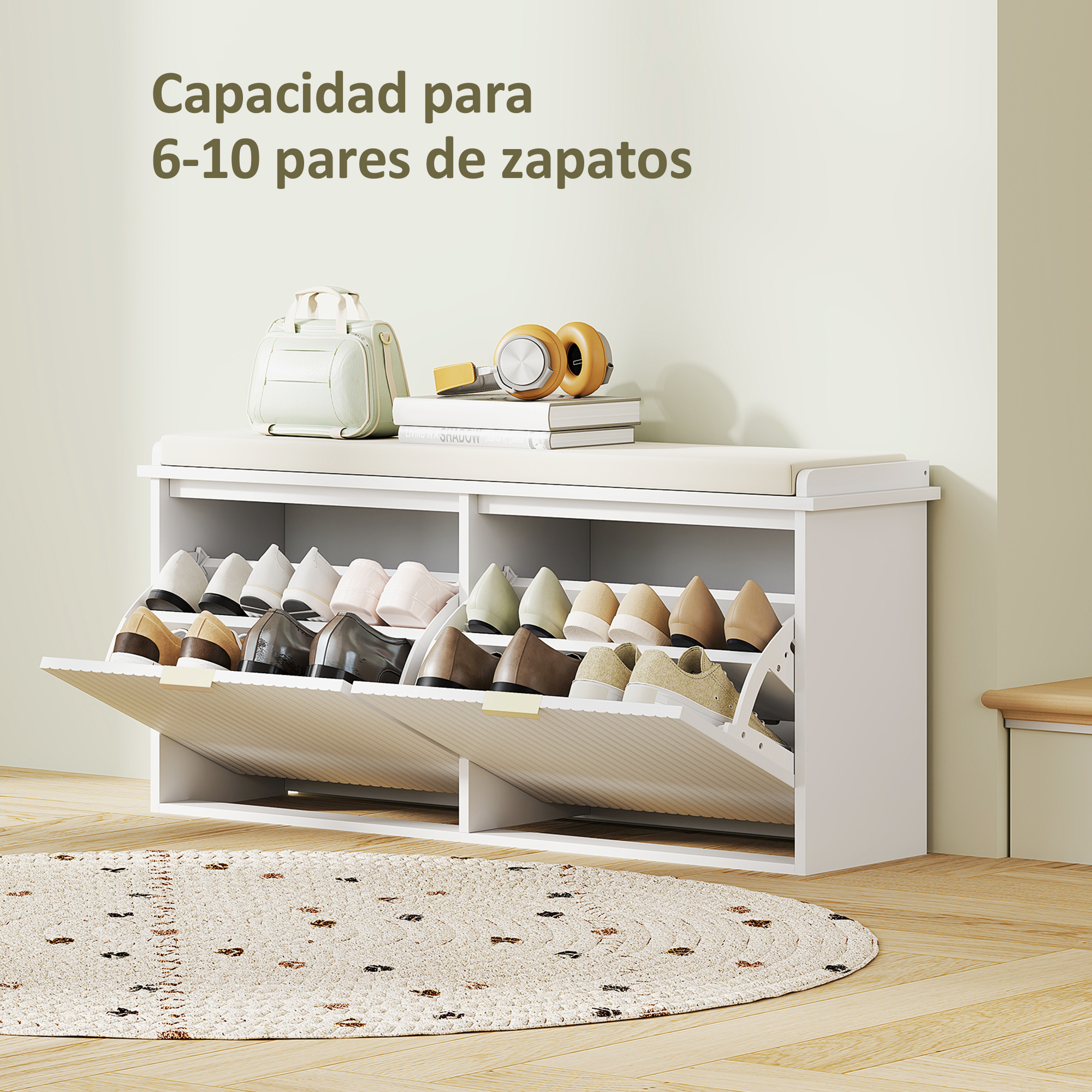 Zapatero blanco con compartimentos abatibles llenos de zapatos. Arriba: bolso, auriculares, libros.