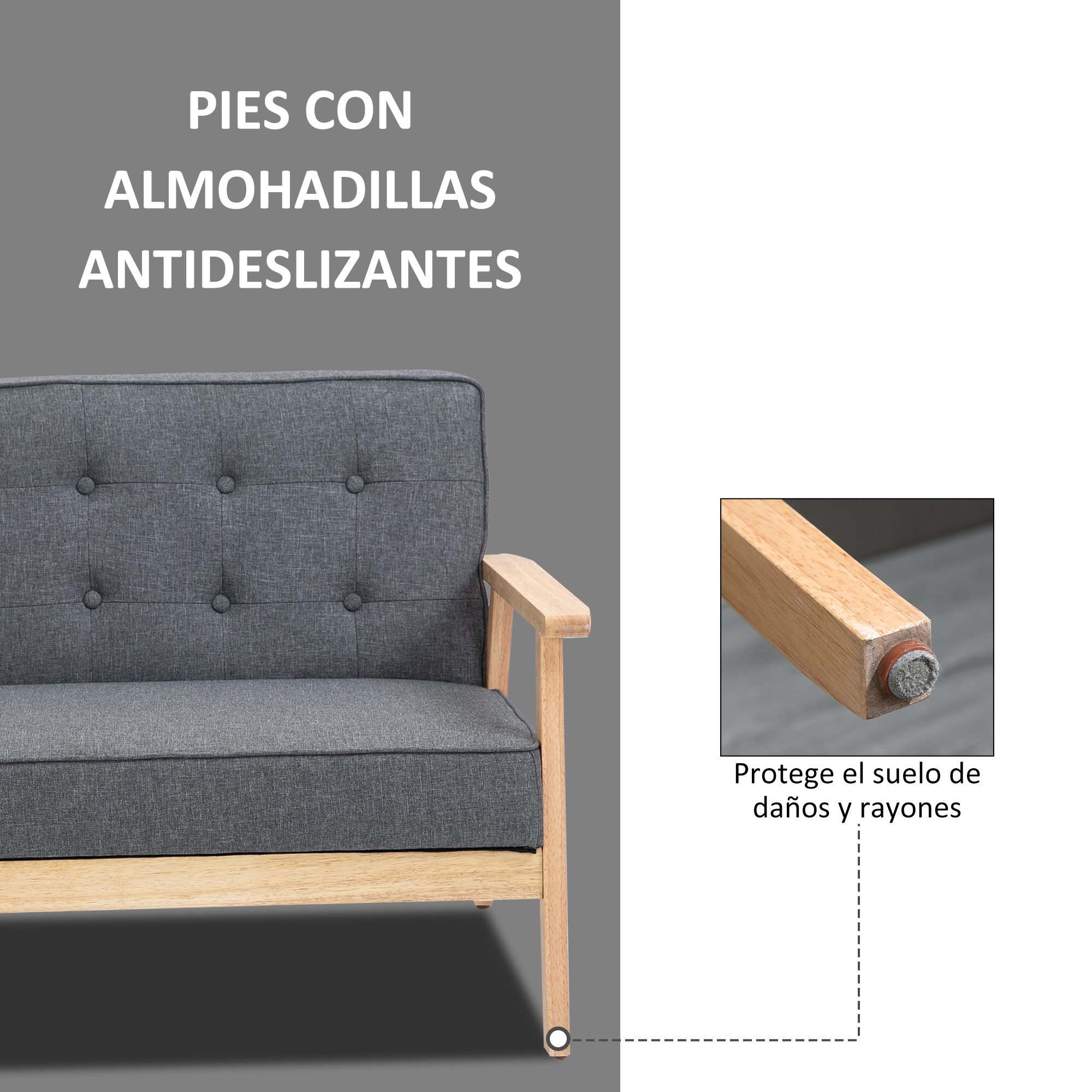 Sofá gris con marco de madera y protectores de fieltro.