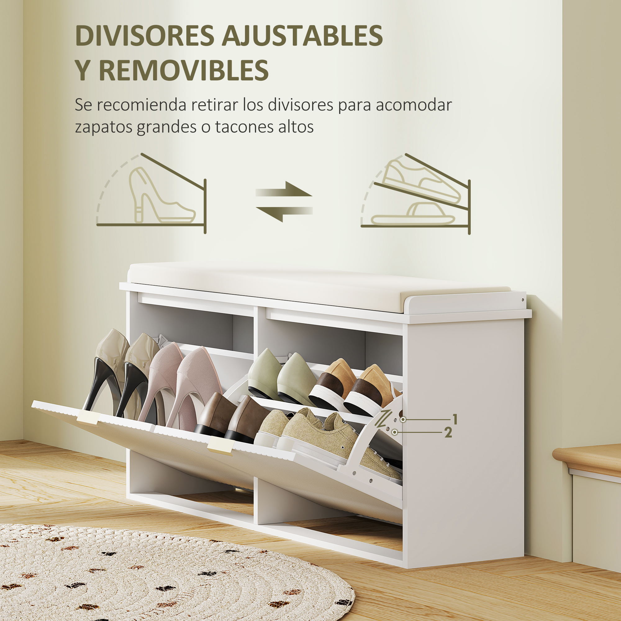 Un zapatero blanco con banco y varios compartimentos, lleno de zapatos.