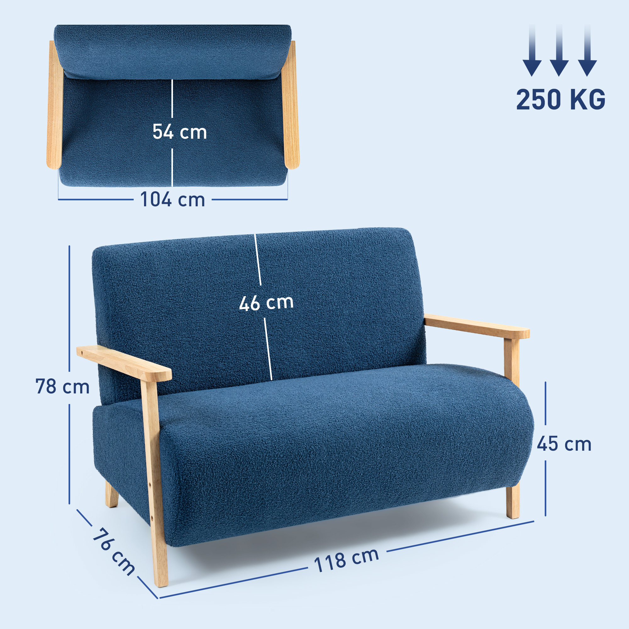 Sofá azul de dos plazas con brazos y patas de madera, dimensiones indicadas.