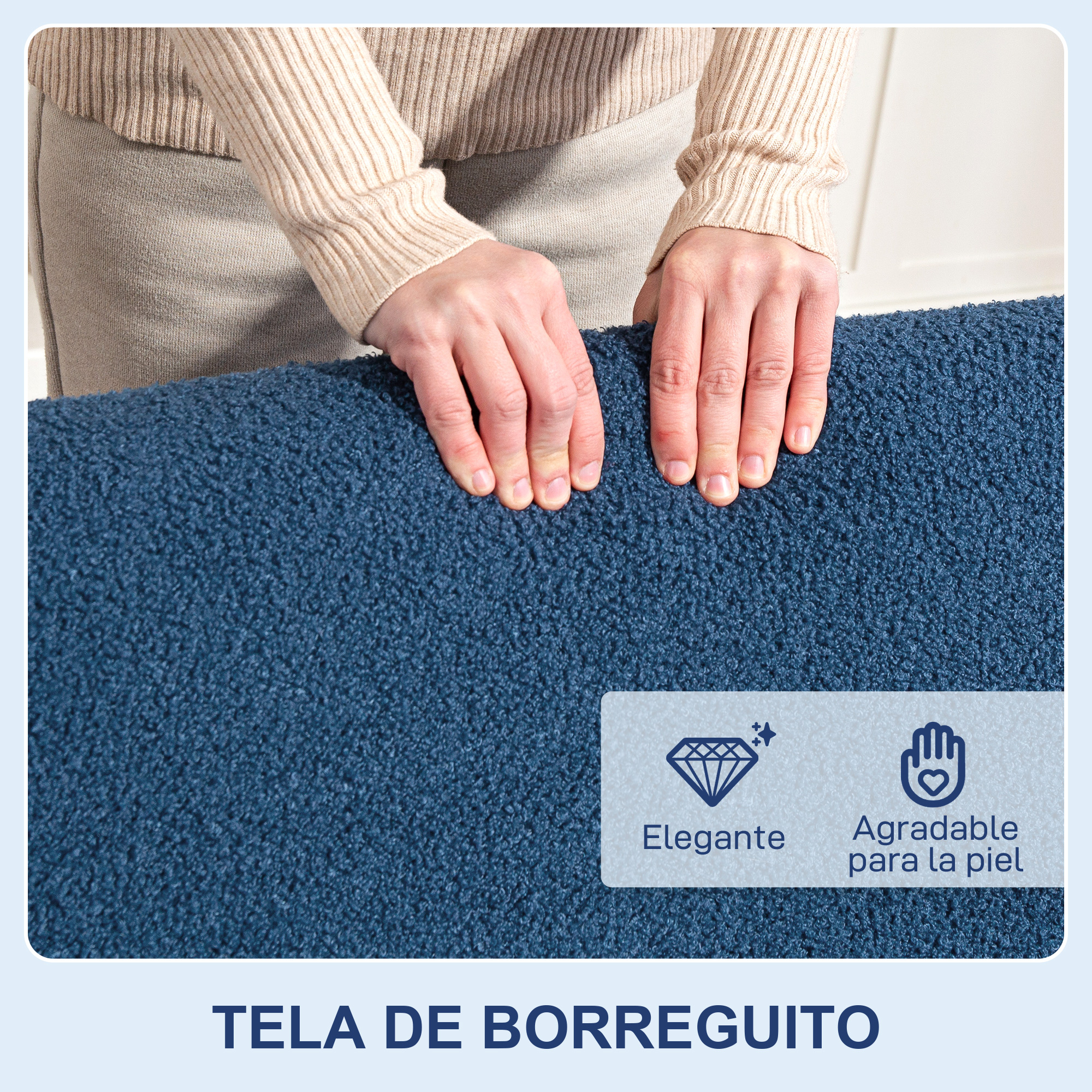 Persona toca tela azul de borreguito. Iconos de "Elegante" y "Agradable piel".