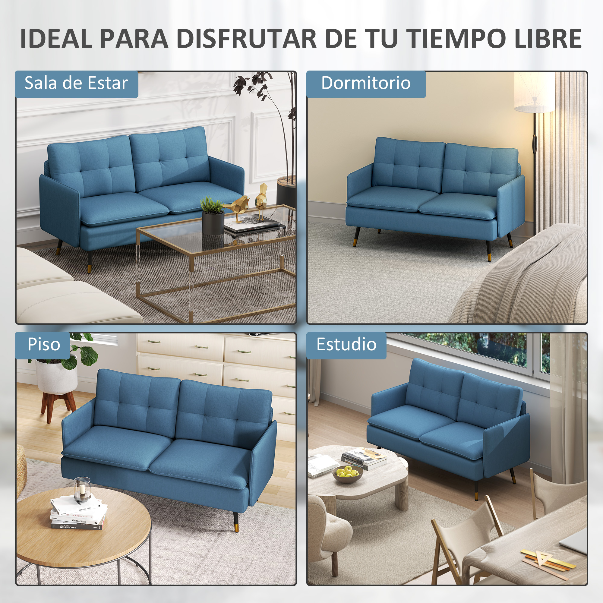 Cuatro escenas muestran un sofá azul en espacios de estar: sala, dormitorio, pasillo y estudio.