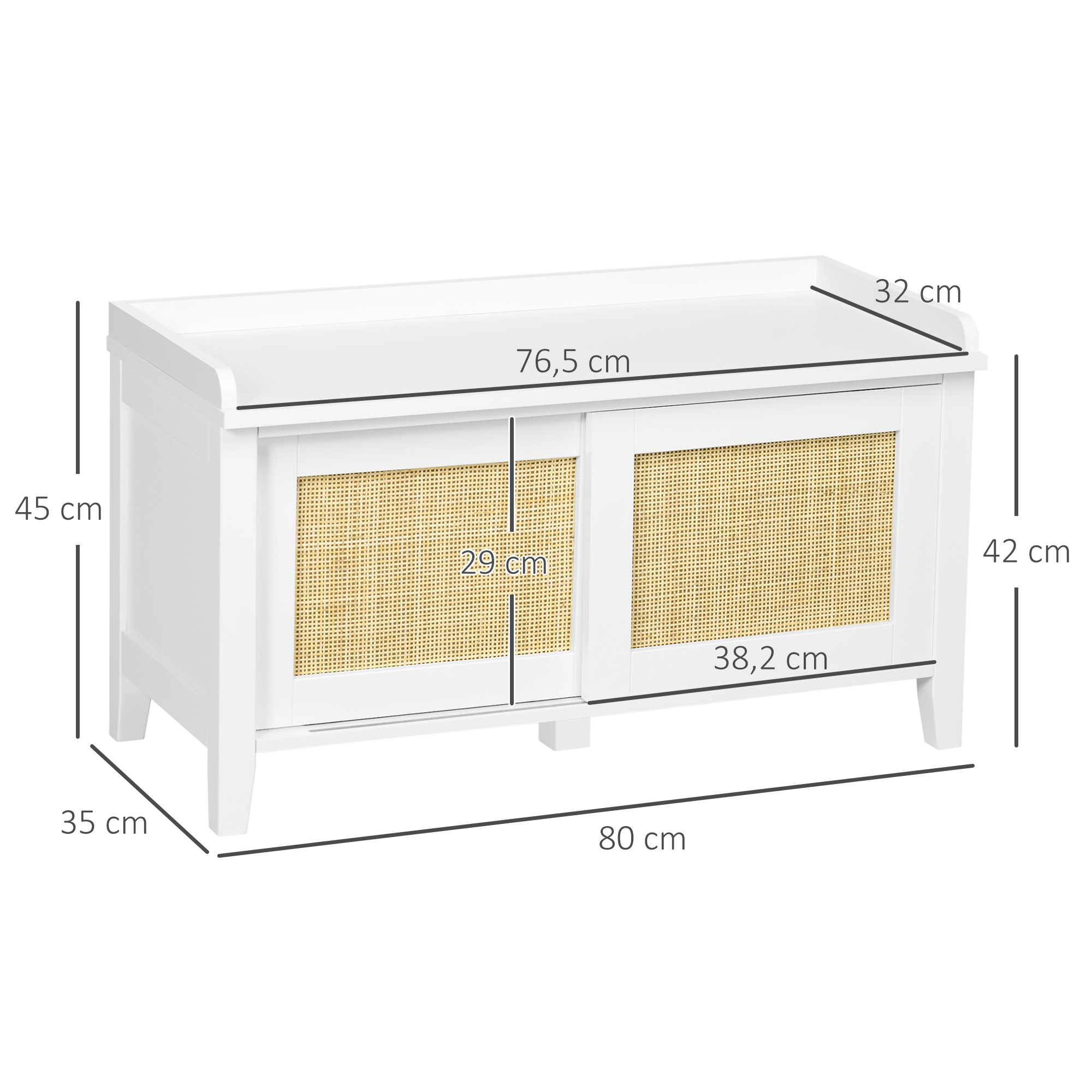 Mueble blanco con puertas de ratán, dimensiones 80x35x42 cm.
