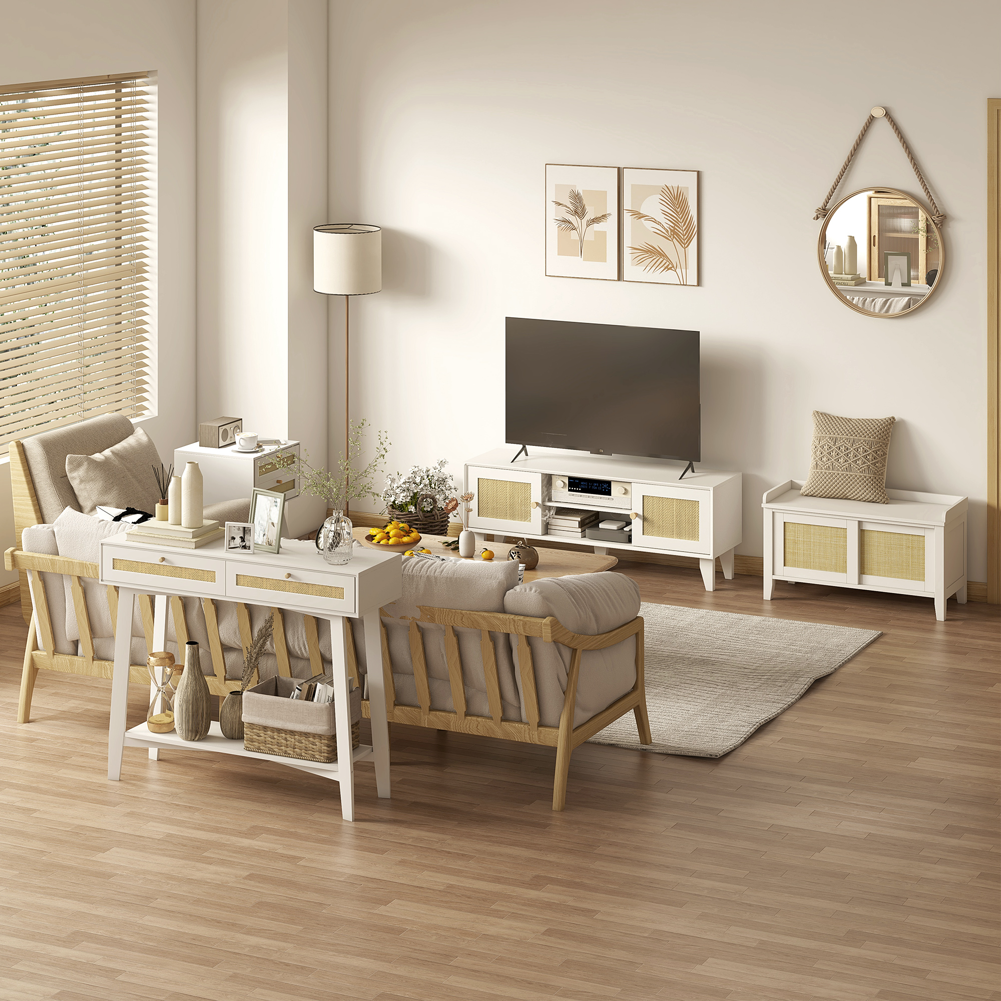 Una sala de estar luminosa con muebles de madera, sofás, TV y decoración.