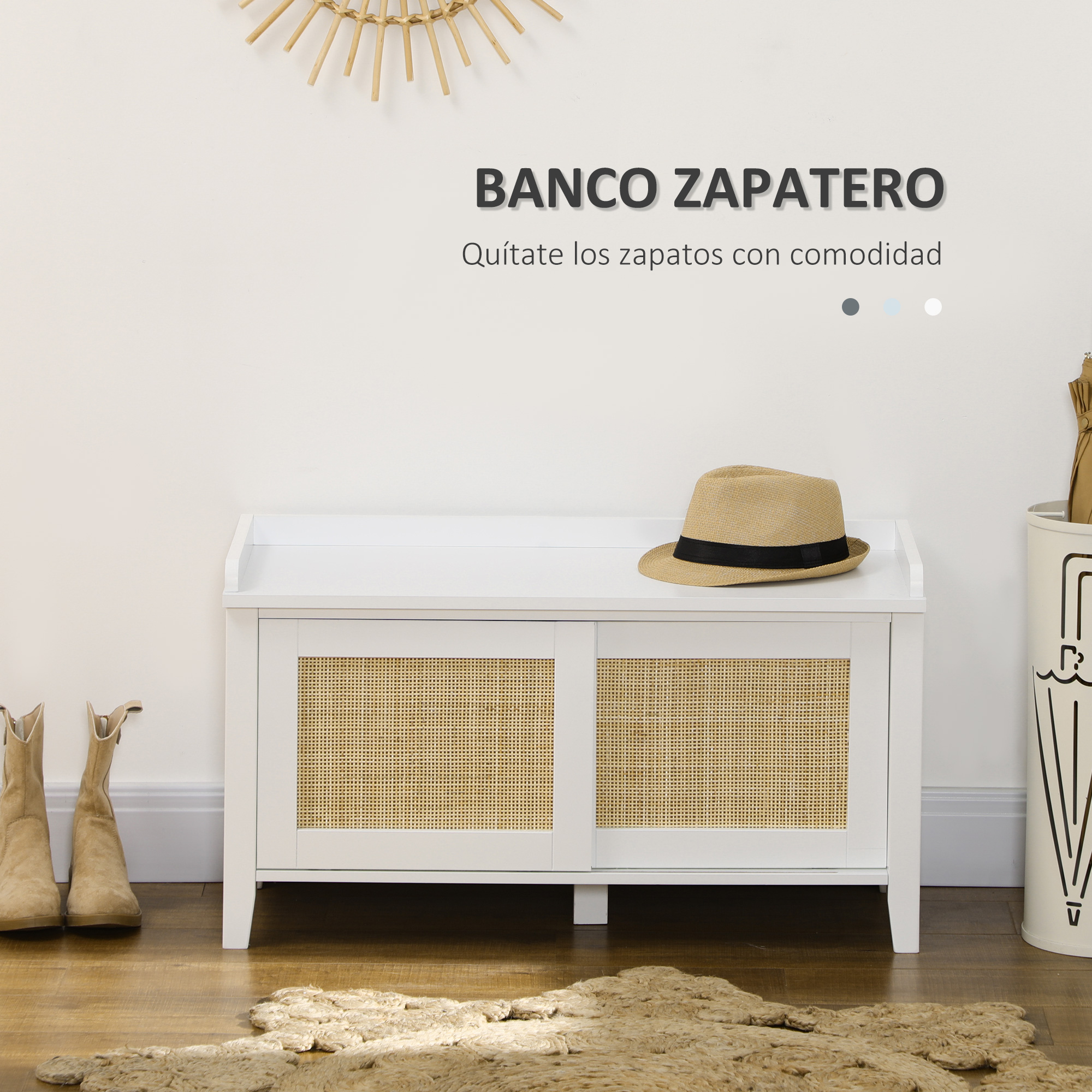 Un zapatero blanco con puertas de ratán, sombrero, botas y paraguas.