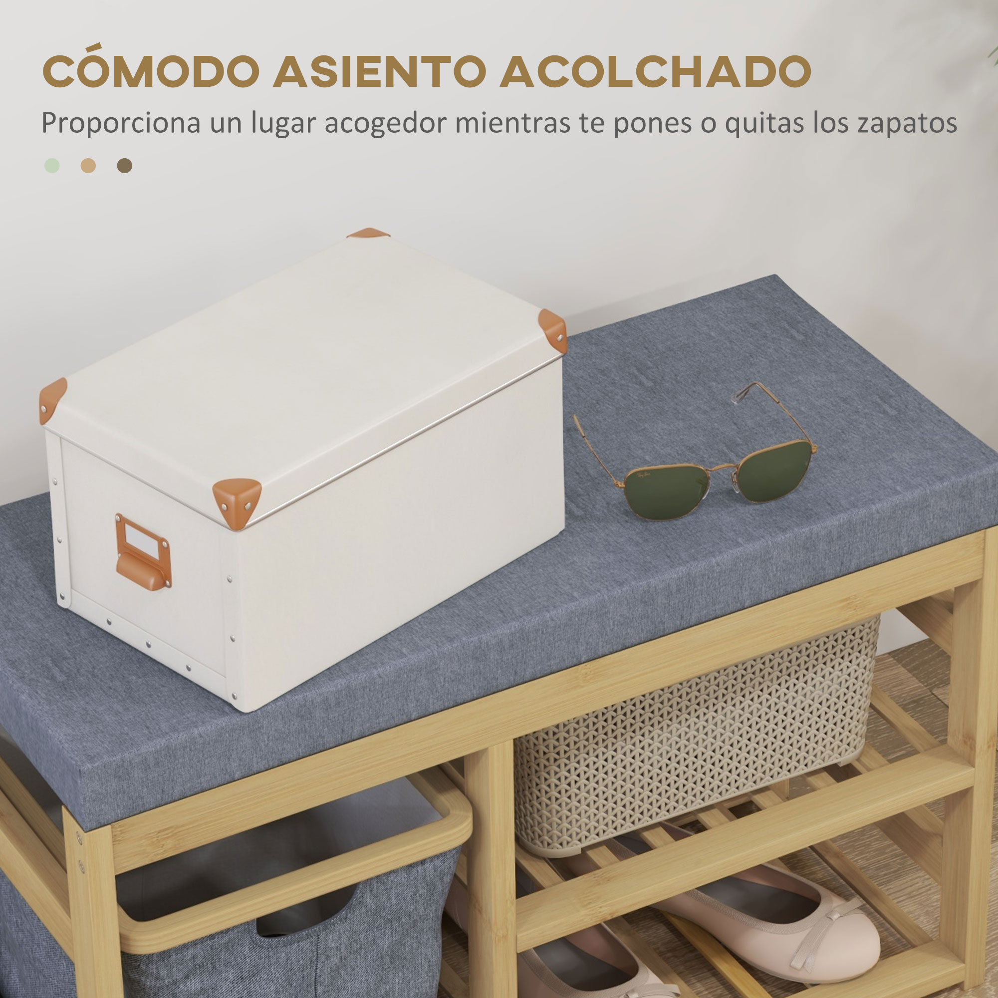 Una caja blanca sobre un banco con compartimentos de almacenamiento y zapatos.