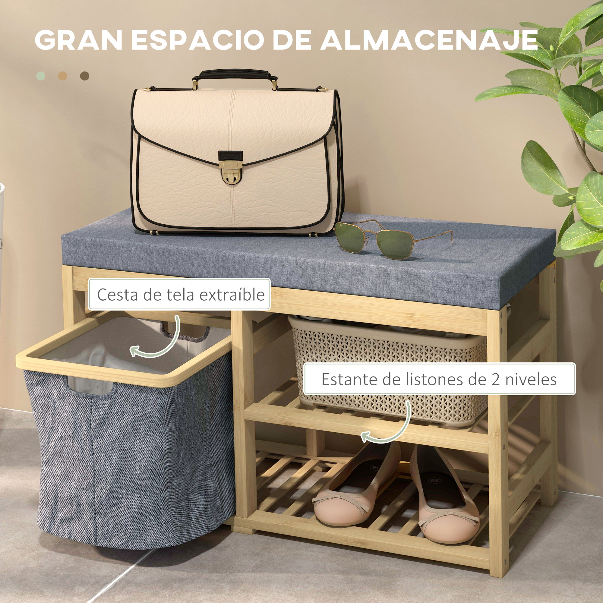 Un maletín beige y gafas de sol en un banco de almacenamiento con cestas y zapatos.