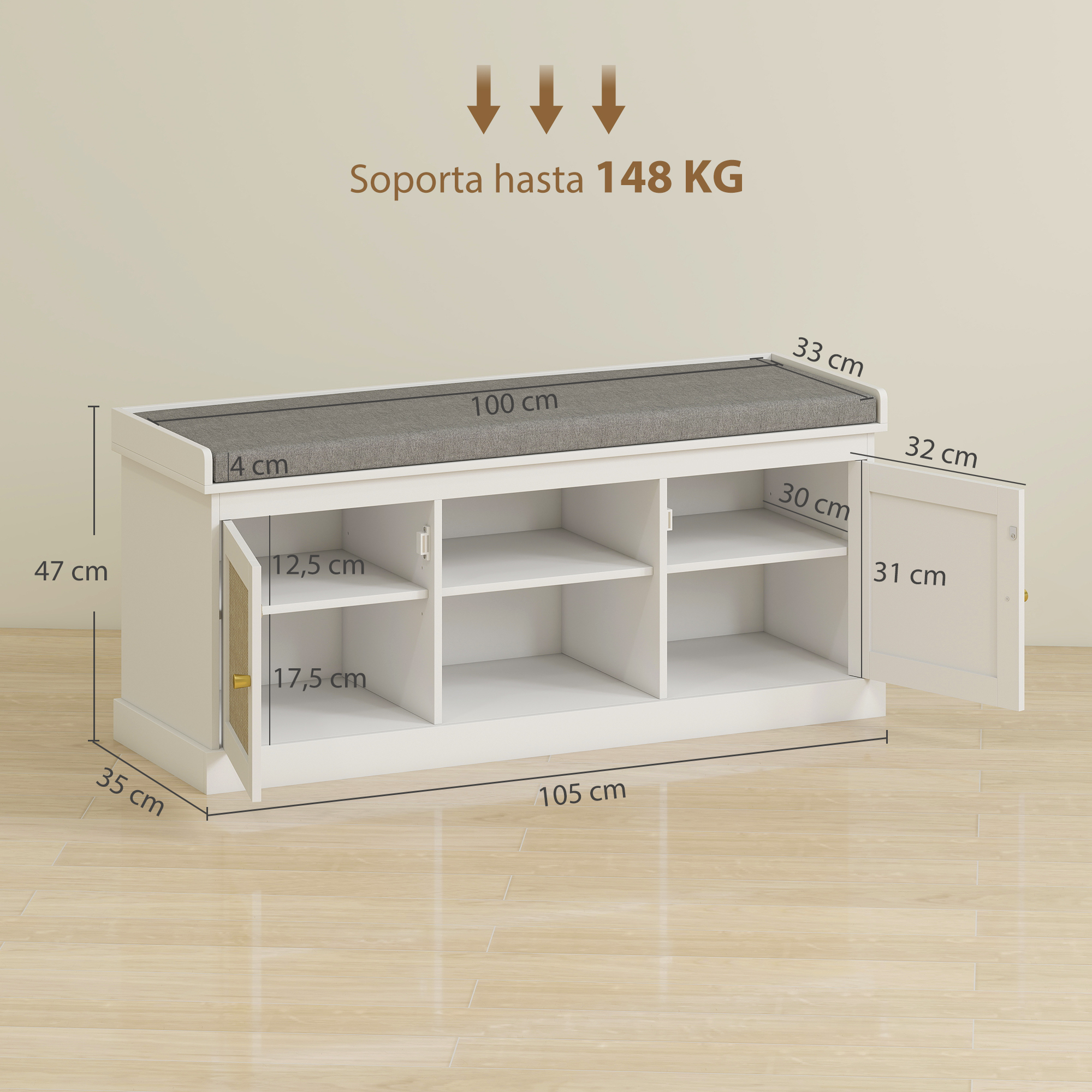 Zapatero blanco con banco tapizado. Dimensiones: 105x35x47cm.