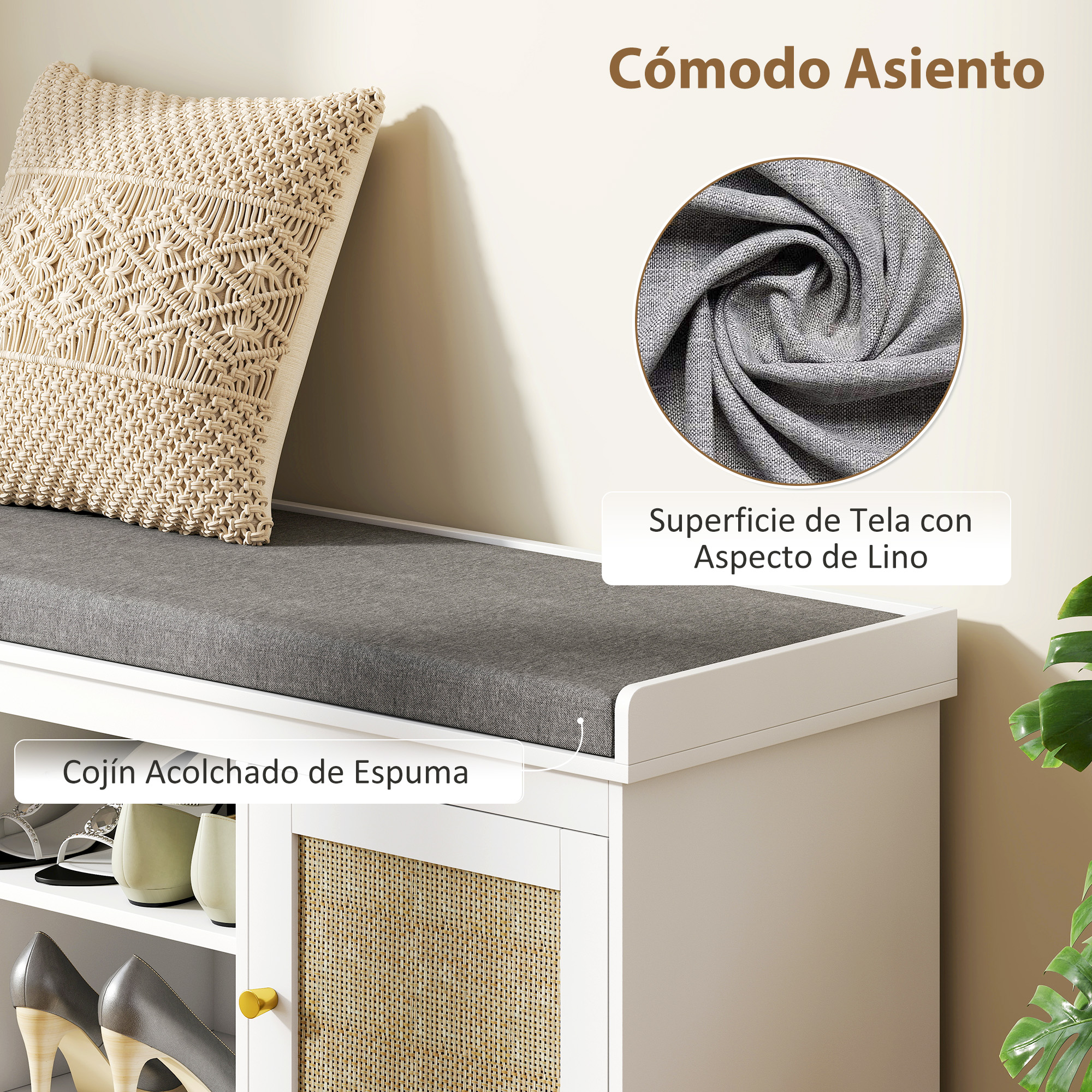 Un zapatero blanco con cojín, almohada de macramé y puertas tejidas.