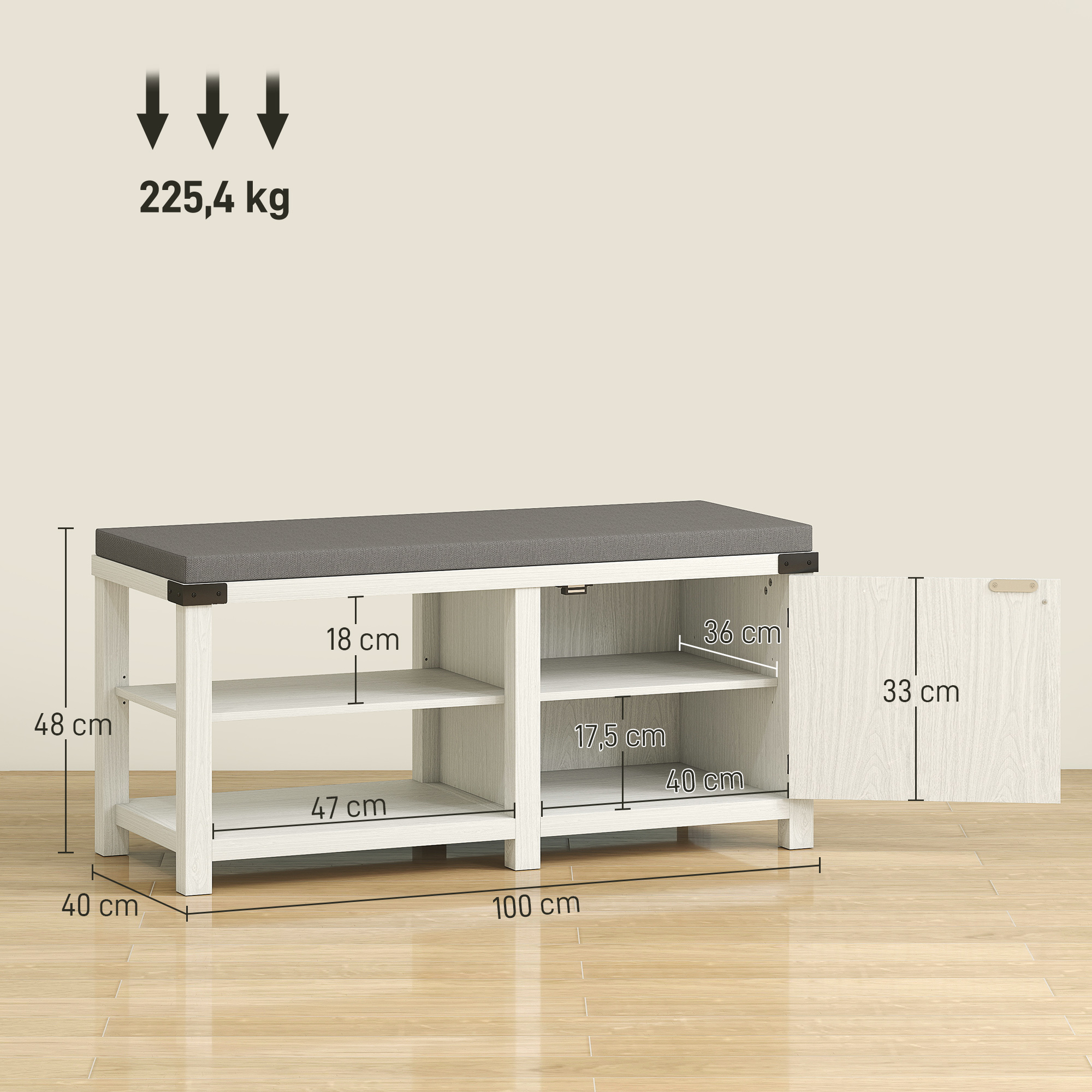 Zapatero blanco con asiento oscuro, se muestran dimensiones.