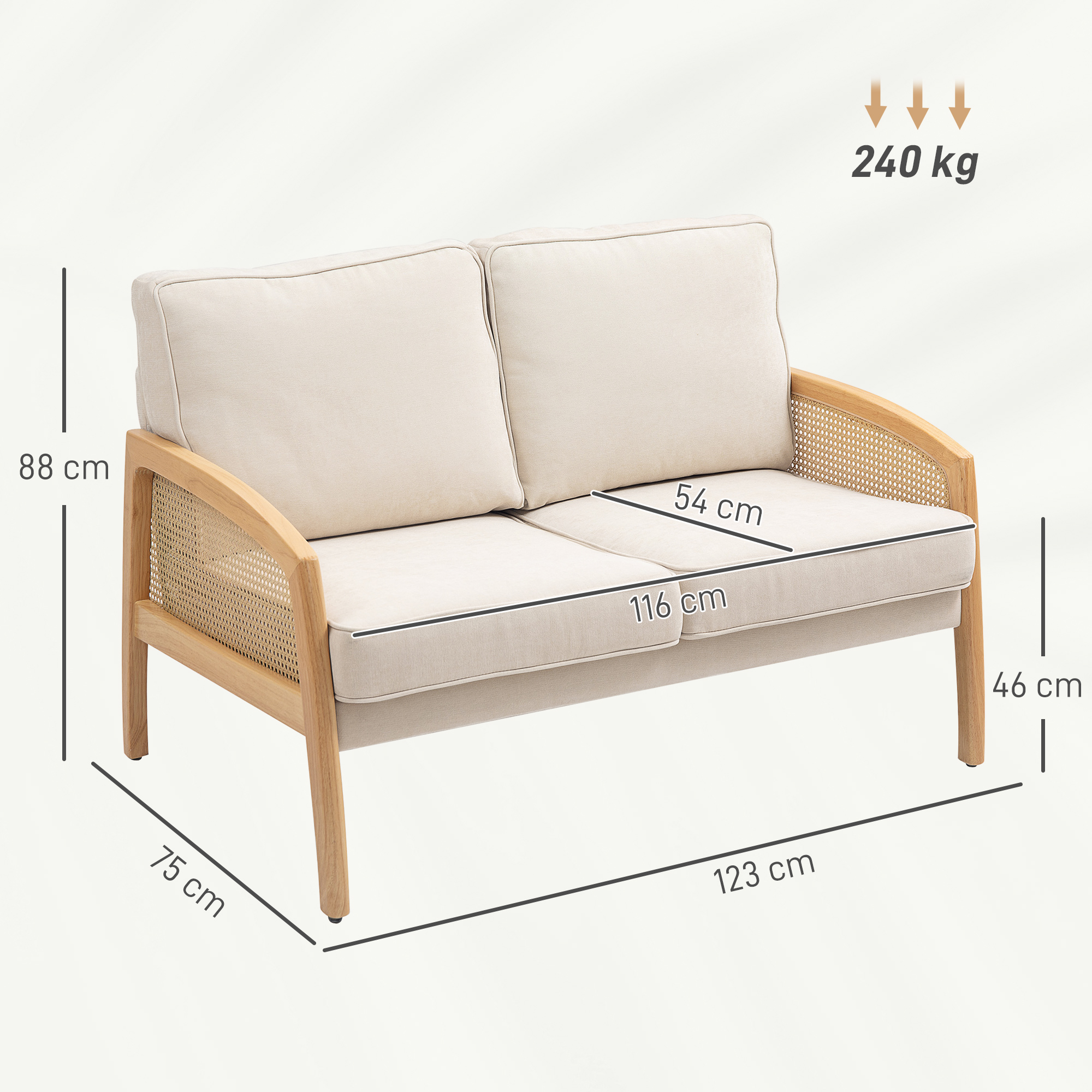 Sofá beige de dos plazas con marco de madera y detalles de ratán, se muestran dimensiones.