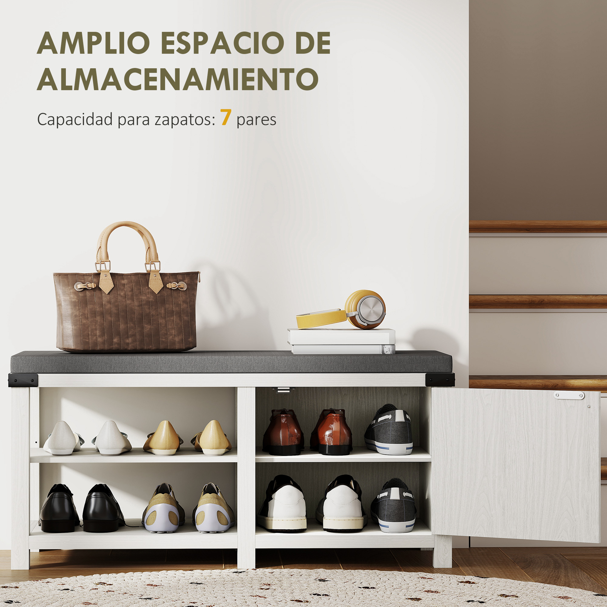 Un zapatero blanco con banco, lleno de zapatos y un bolso marrón encima.