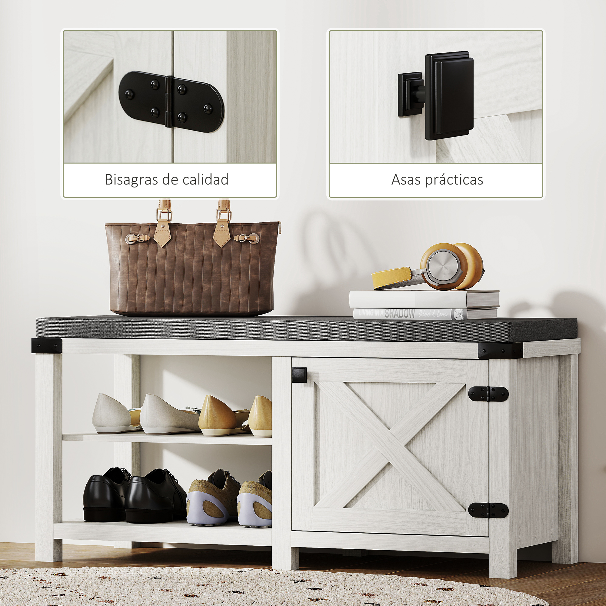 Zapatero blanco con puerta, cojín, bolso, auriculares y libros en estantes.
