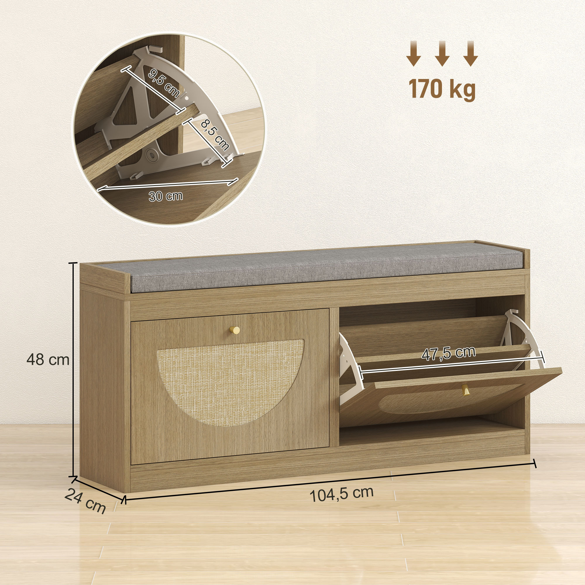 Banco zapatero de madera, 104,5x48x24cm, máx. 170kg. Compartimentos abatibles.