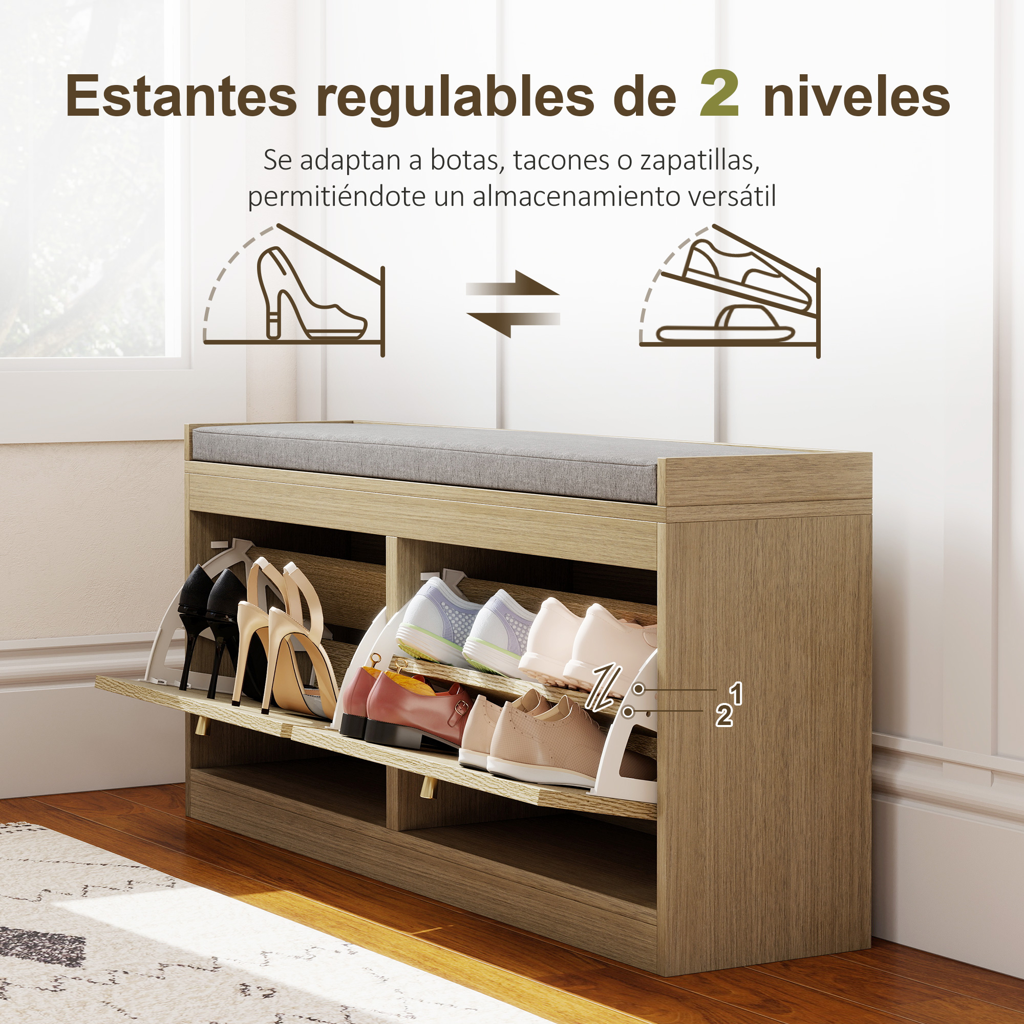Un zapatero de madera de dos niveles lleno de varios zapatos.
