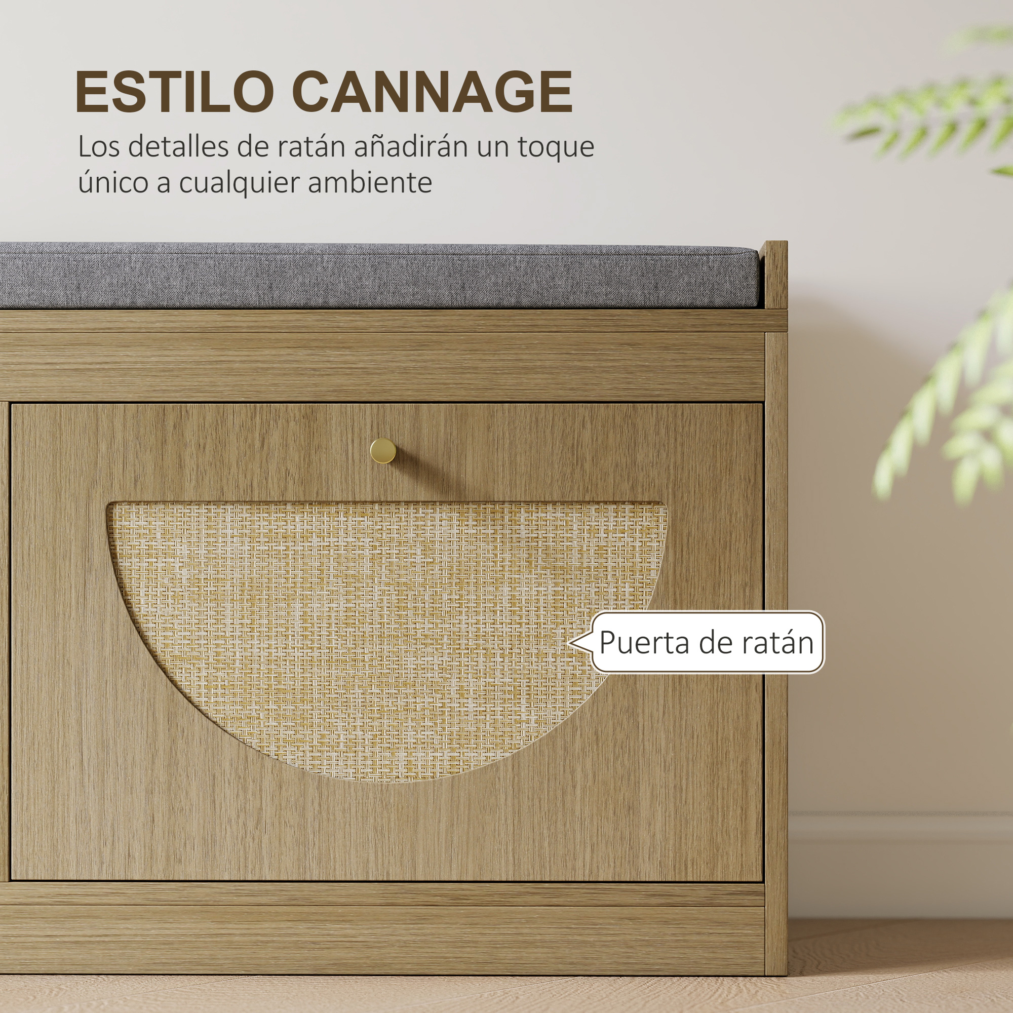 Mueble de madera con puerta de ratán y cojín gris, junto a una planta.