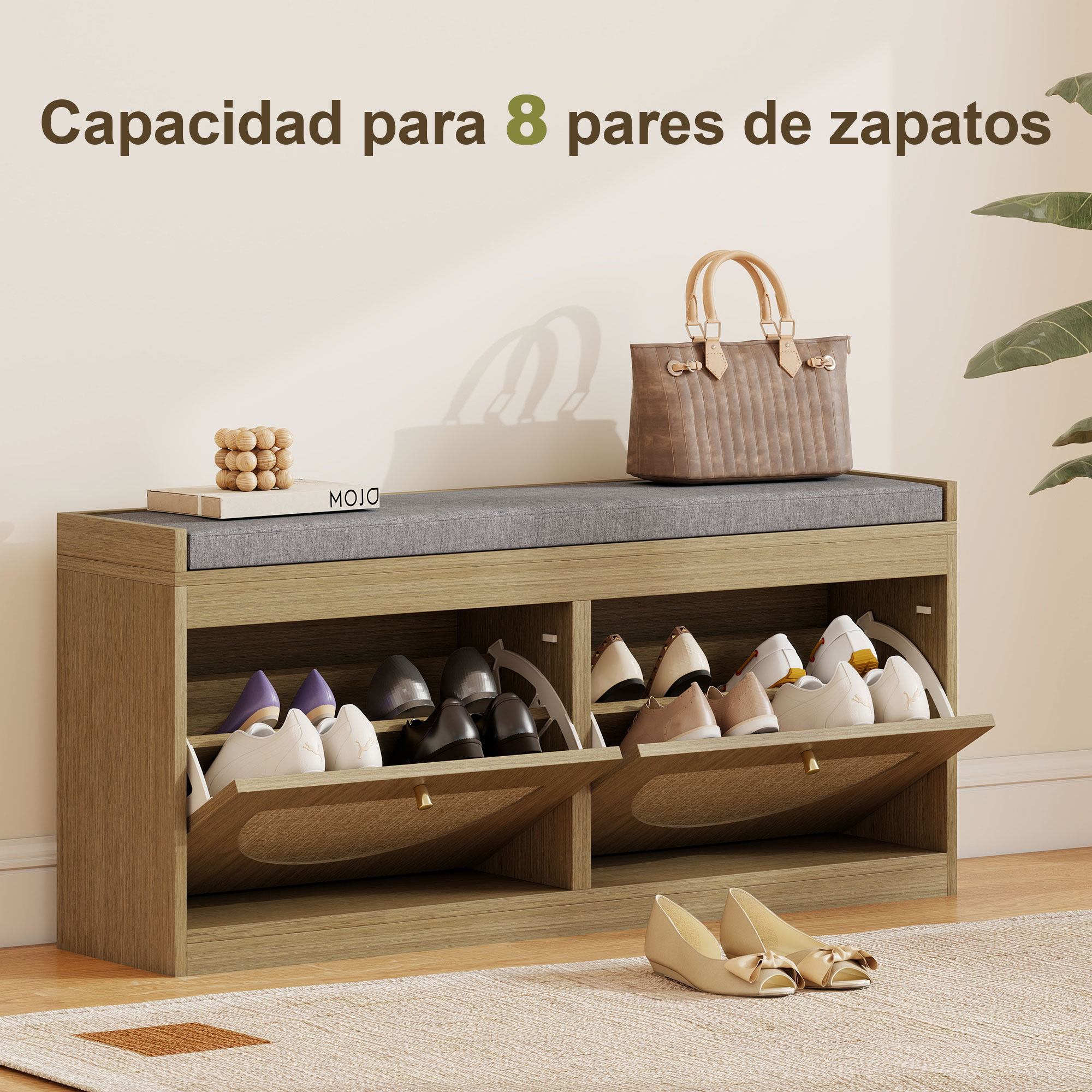 Un zapatero de madera con asiento acolchado y varios compartimentos para zapatos.