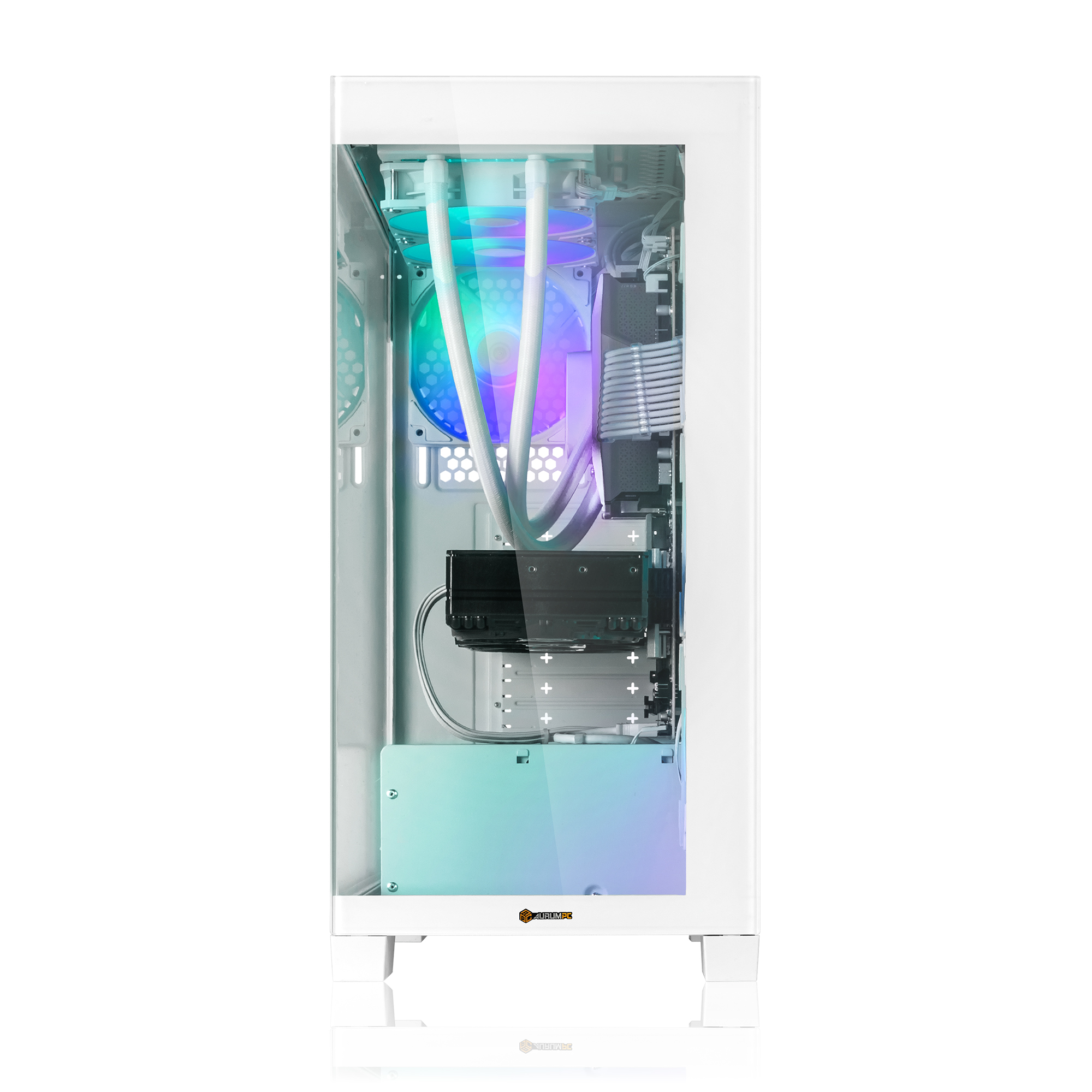Ein weißes Computergehäuse mit RGB-Beleuchtung, Wasserkühlung und Grafikkarte.