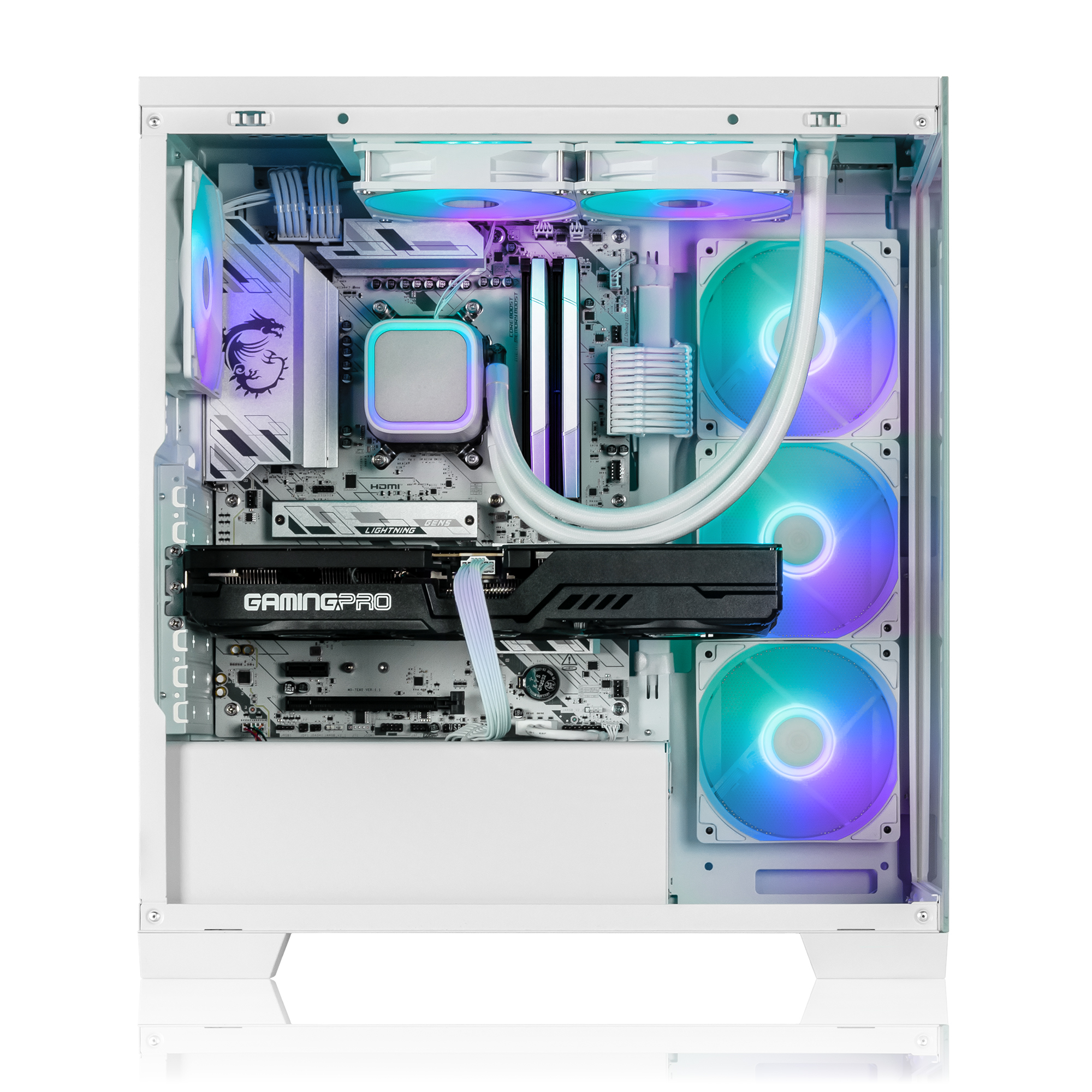 Ein weißer PC mit RGB-Lüftern, Grafikkarte und Motherboard.