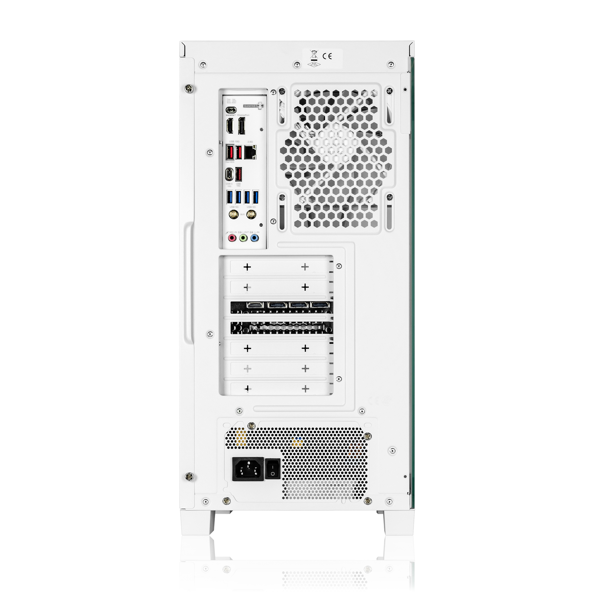 Rückseite eines weißen PCs mit vielen Anschlüssen, Lüftergittern und einem Netzschalter.