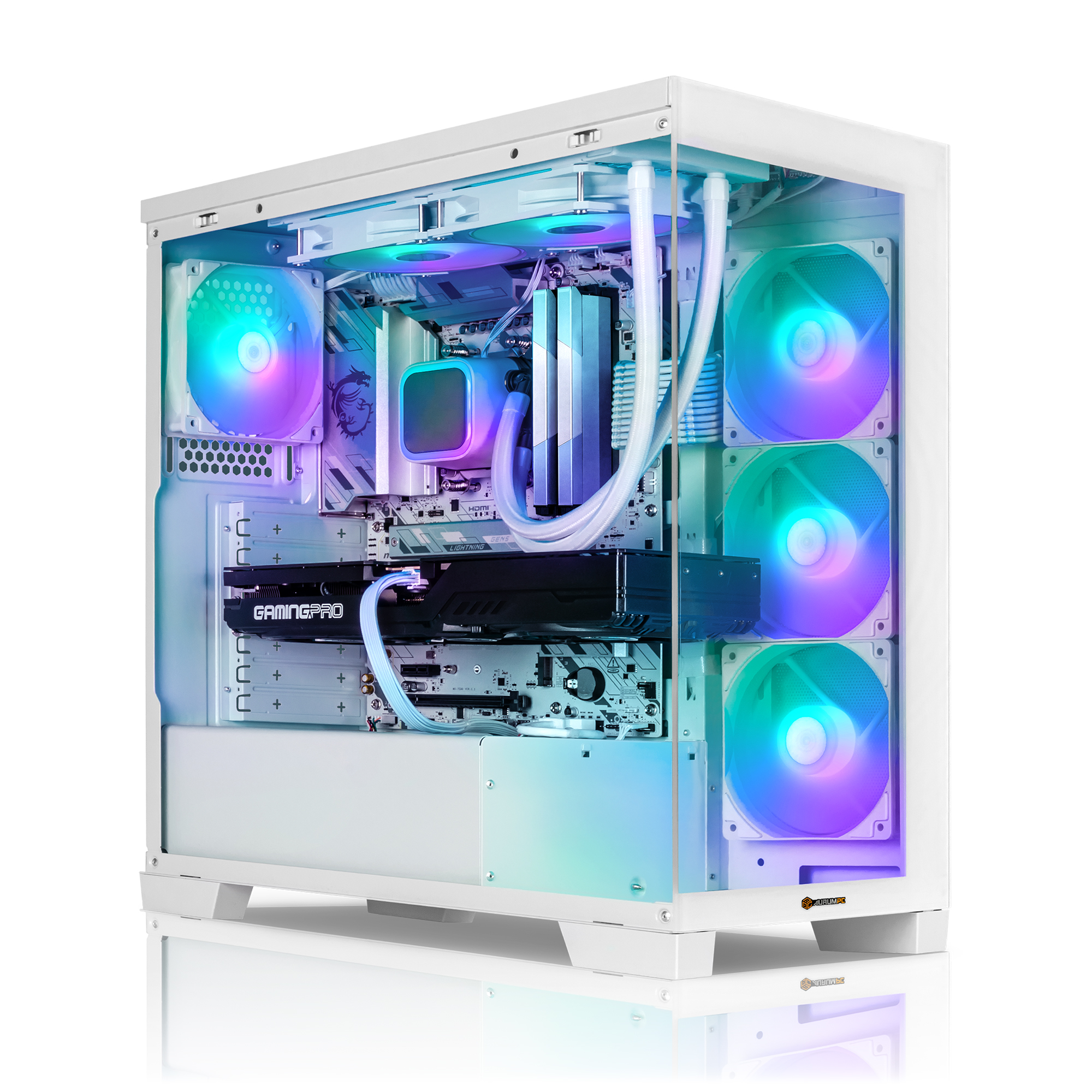 Ein weißes PC-Gehäuse mit RGB-Lüftern, Grafikkarte und Flüssigkühlung.