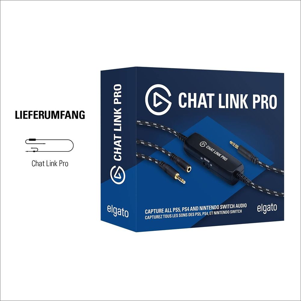 Scatola Elgato Chat Link Pro con cavi e descrizione del contenuto.
