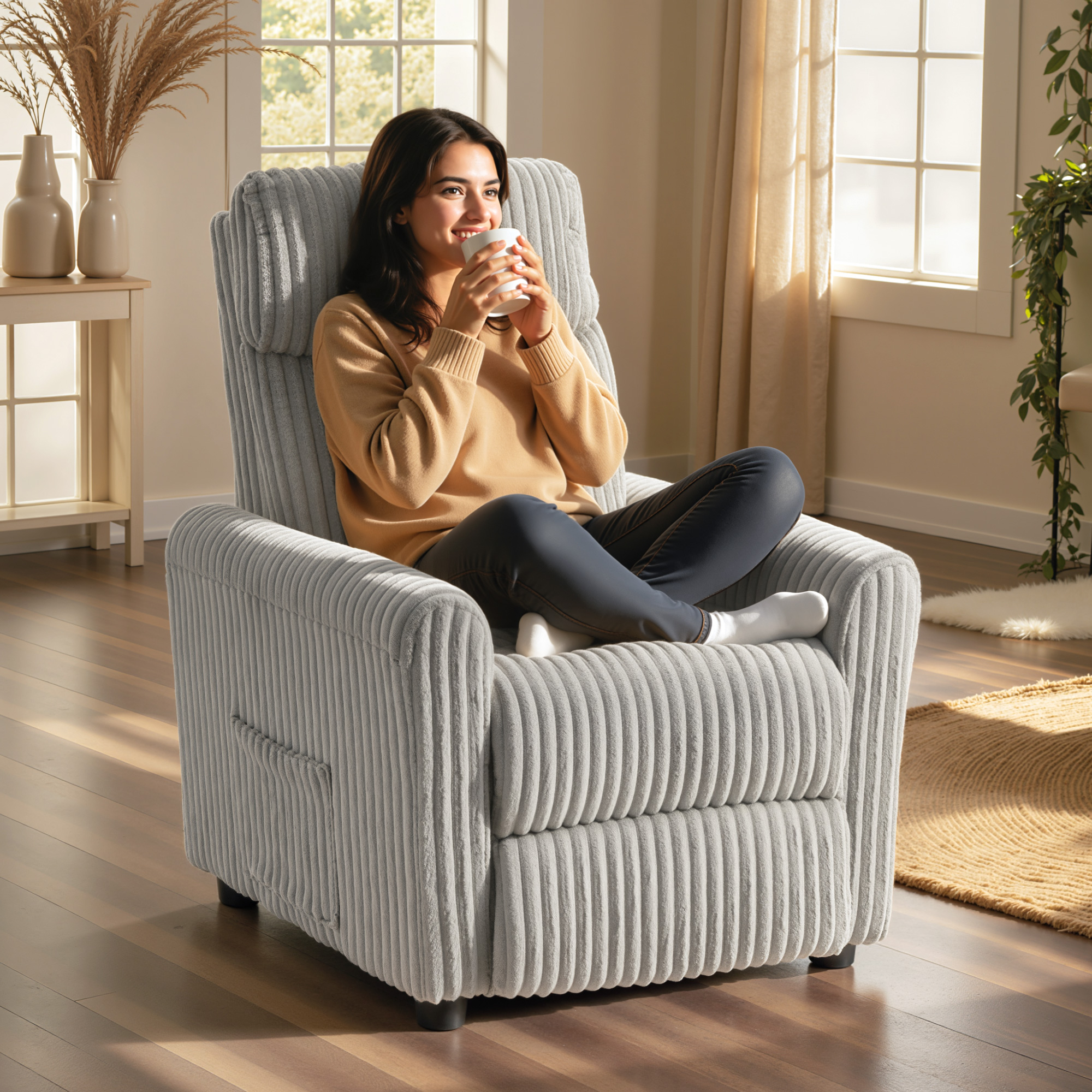 Una mujer sentada en un sillón, sosteniendo una taza y sonriendo.