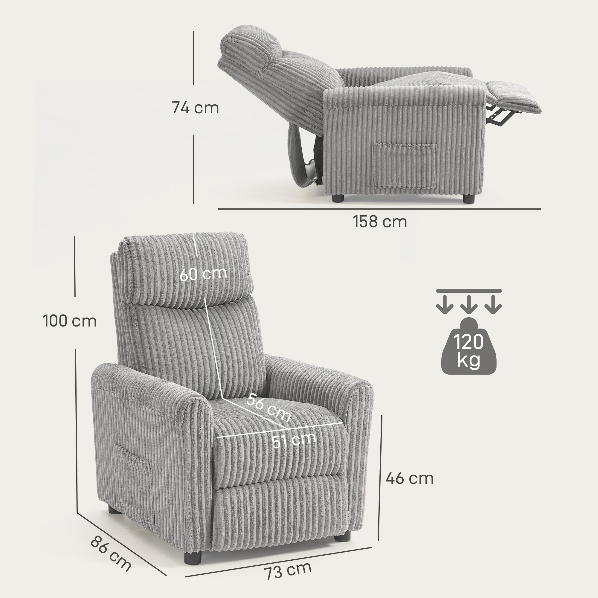 Butaca de pana gris con dimensiones y capacidad de 120 kg.