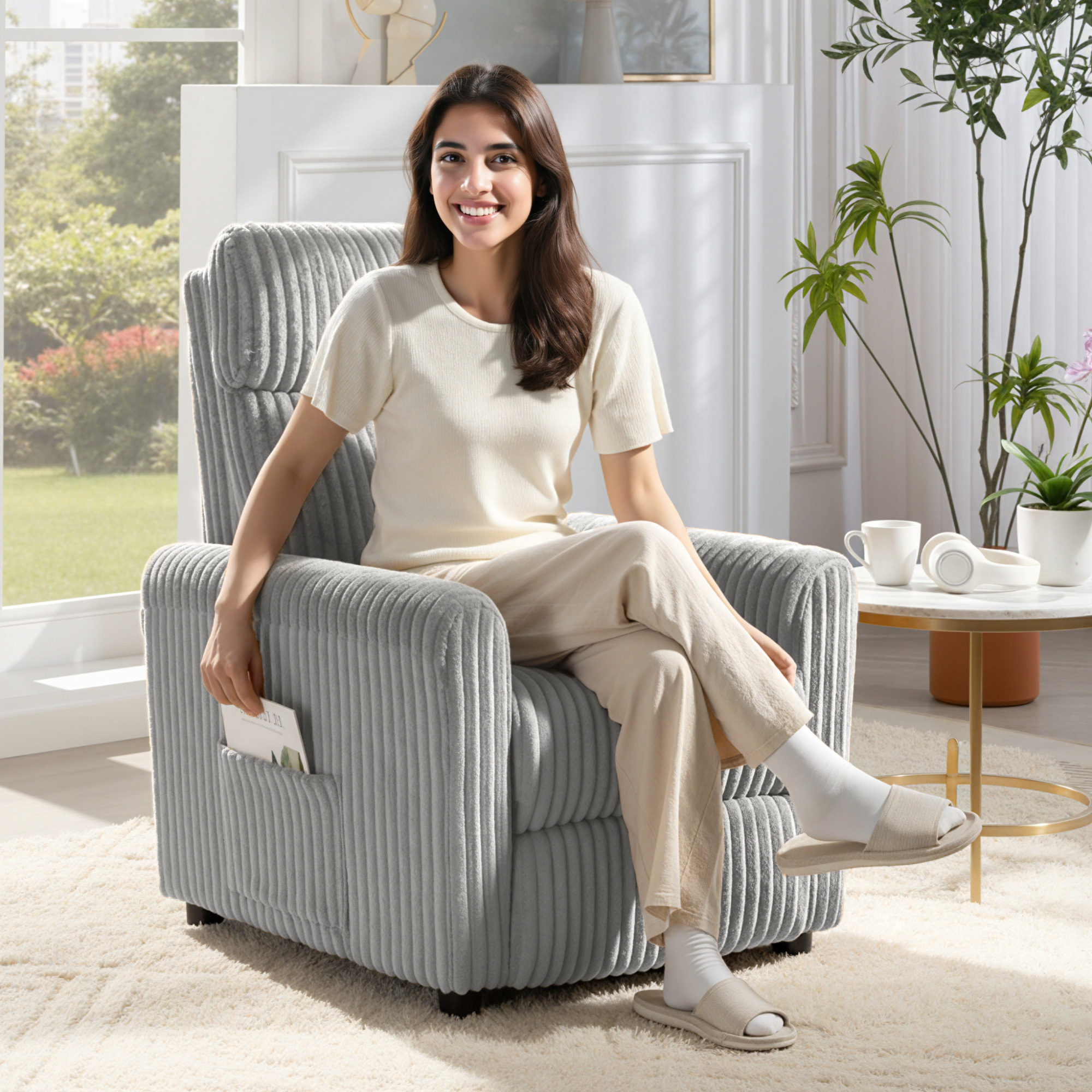 Una mujer se sienta en un sillón gris junto a una ventana. Lleva un top color crema.