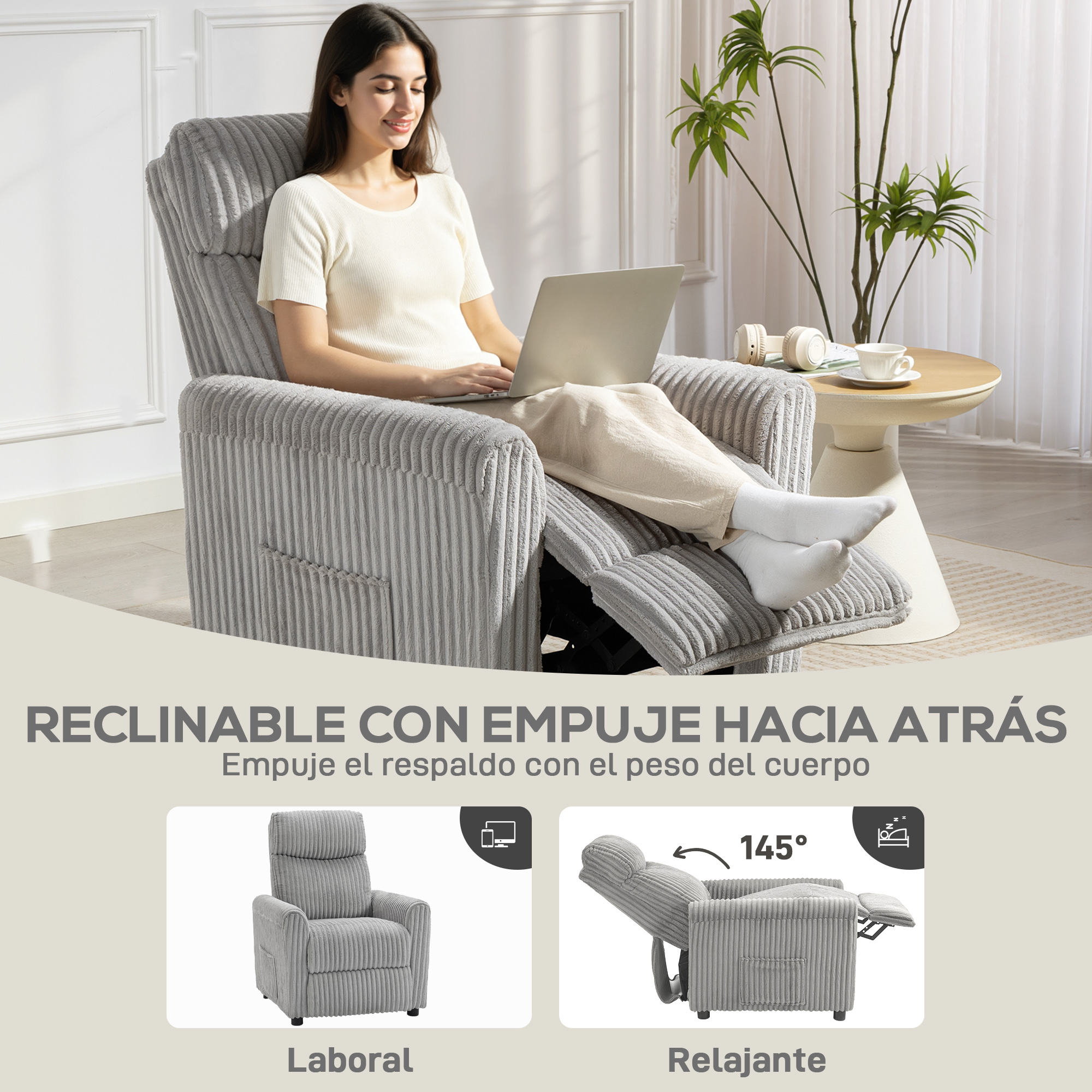 Mujer en sillón gris usando portátil. Mesa auxiliar con taza y auriculares cerca.