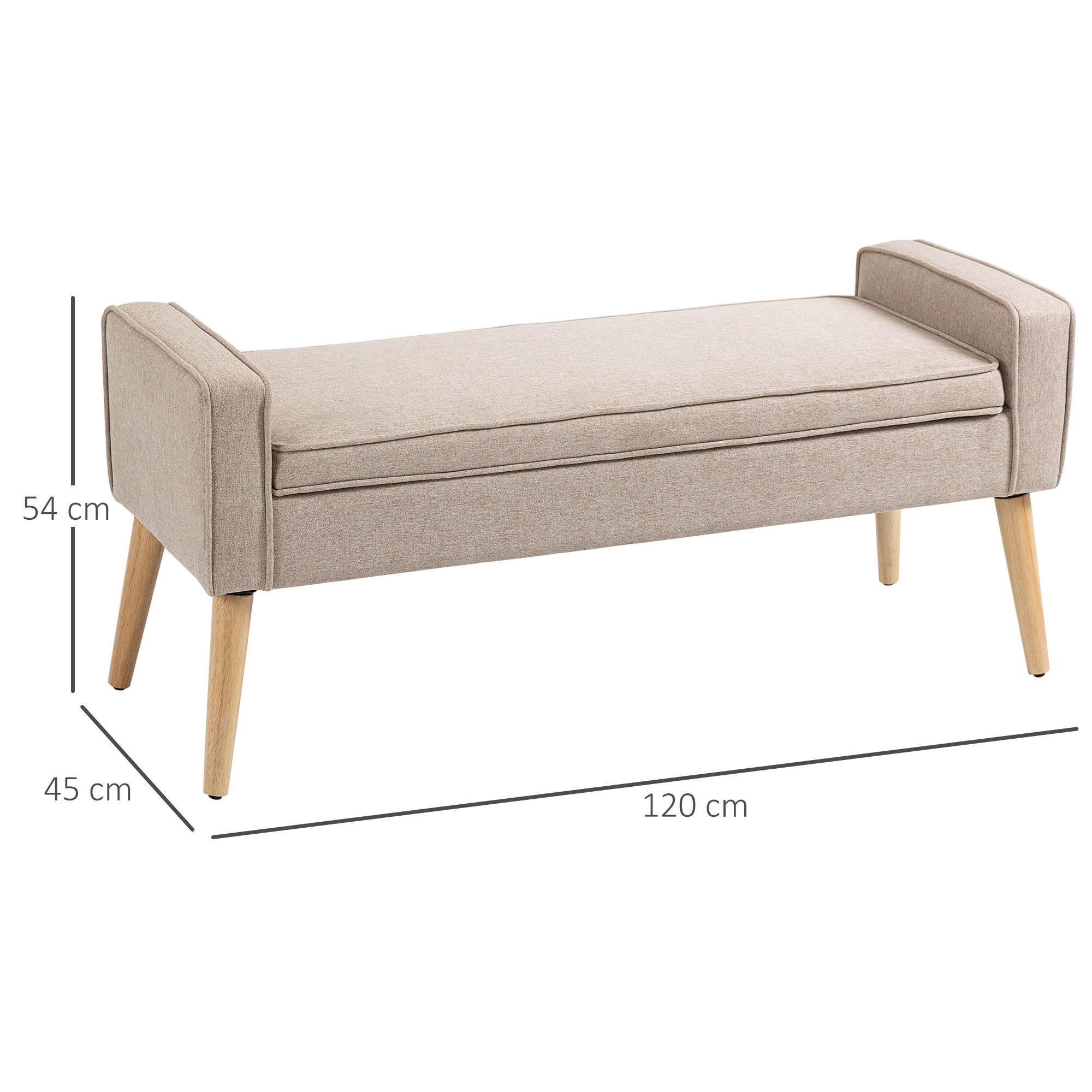 Banqueta tapizada beige con patas de madera, 120x45x54 cm.