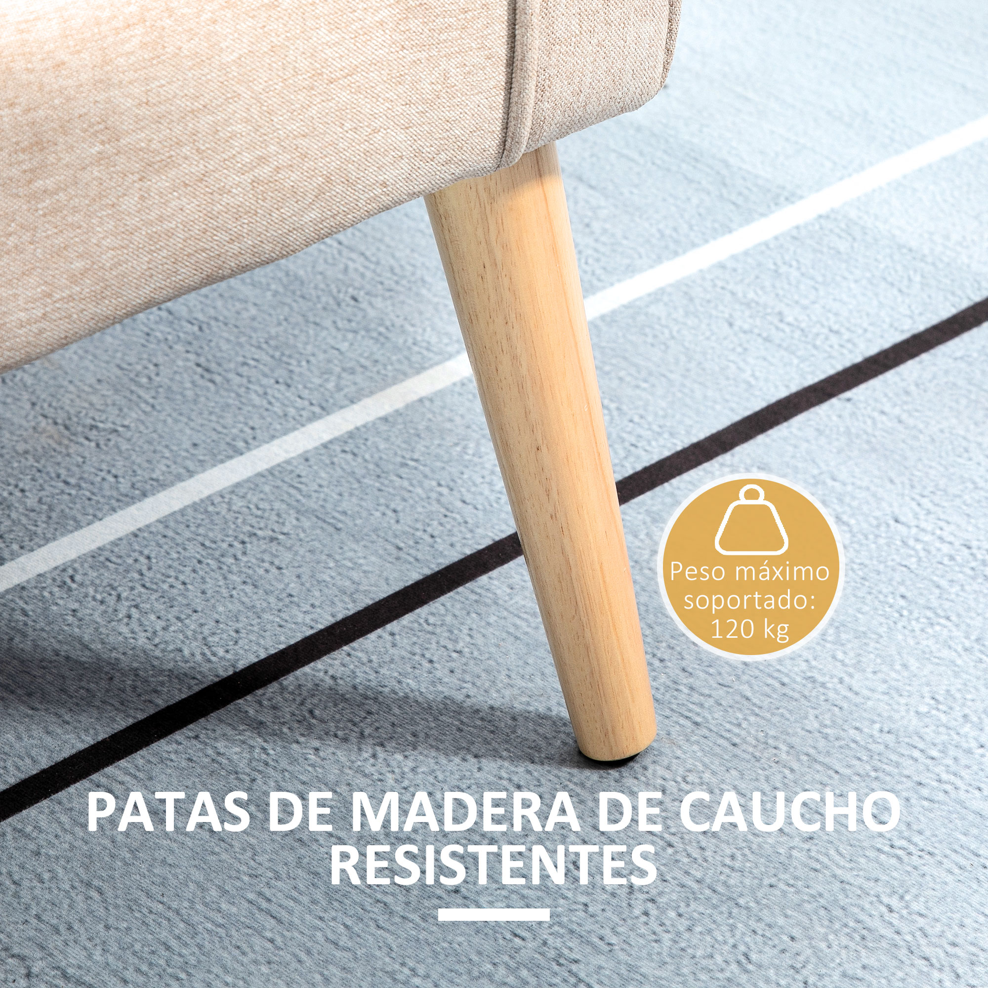 Una pata de silla de tela beige claro sobre una alfombra a rayas azules.