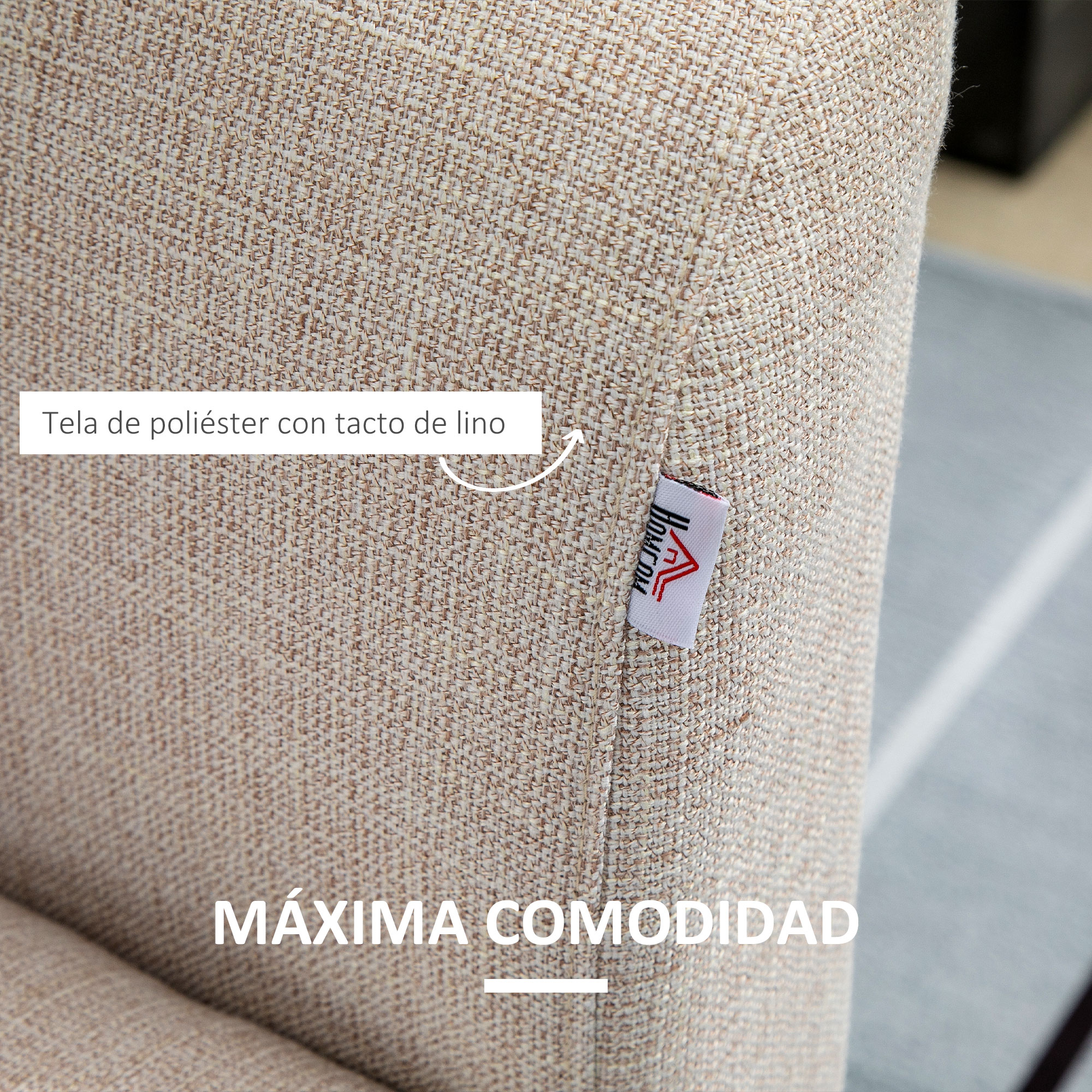 Tela beige texturizada con etiqueta "Home Crew". Máximo confort. Poliéster.