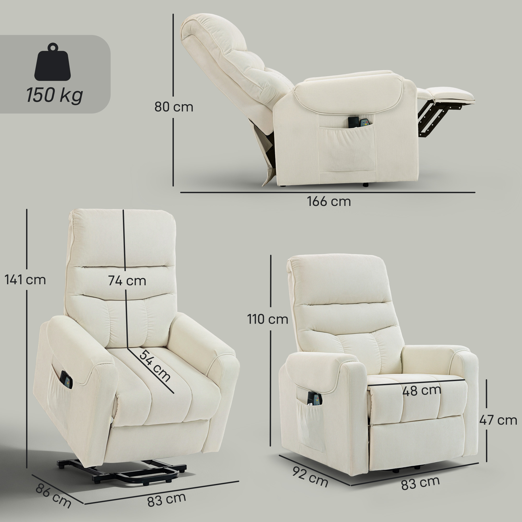 Un sillón reclinable beige claro con dimensiones e indicador de peso.