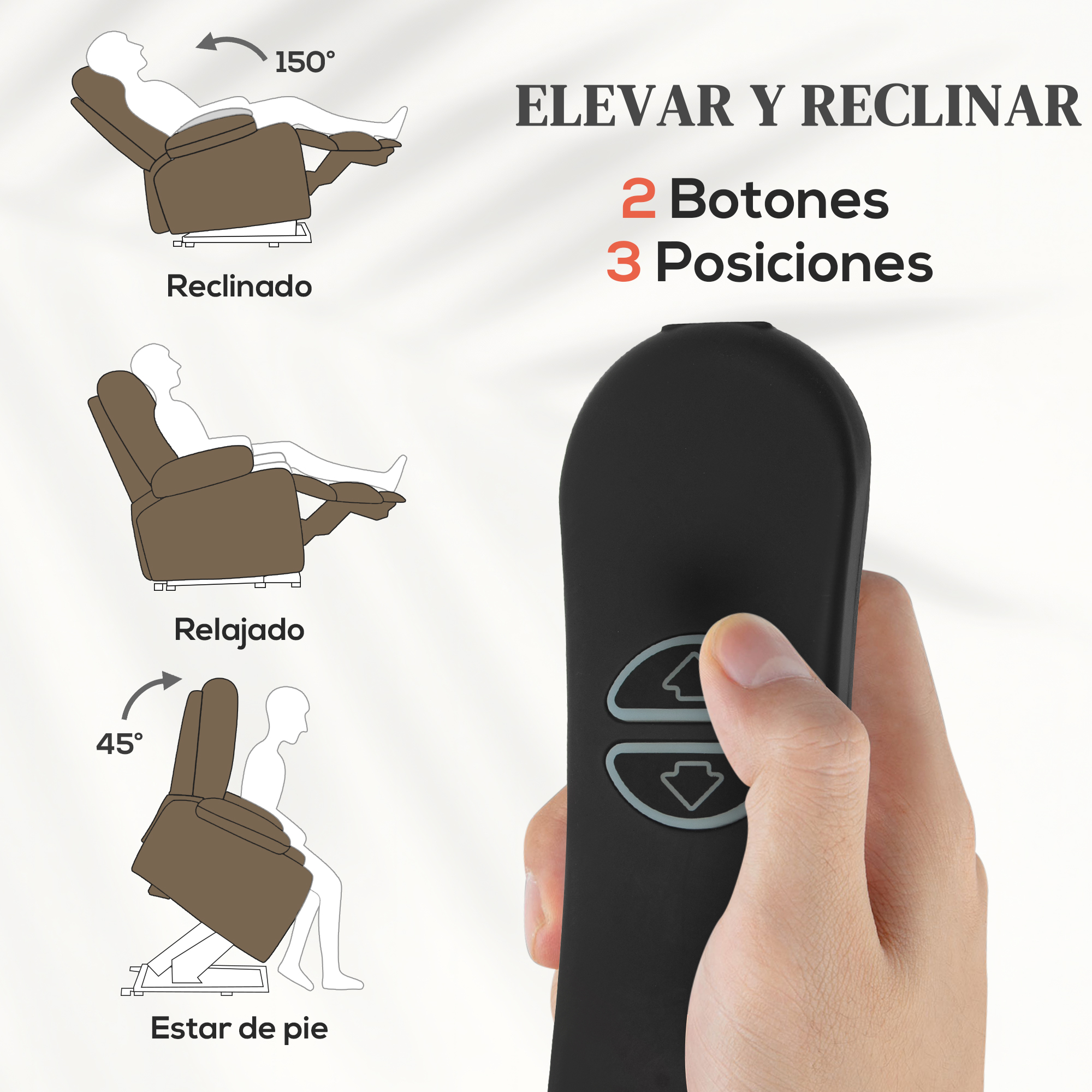 Tumbona en tres posiciones: reclinada, relajada y de pie. Mando a distancia.