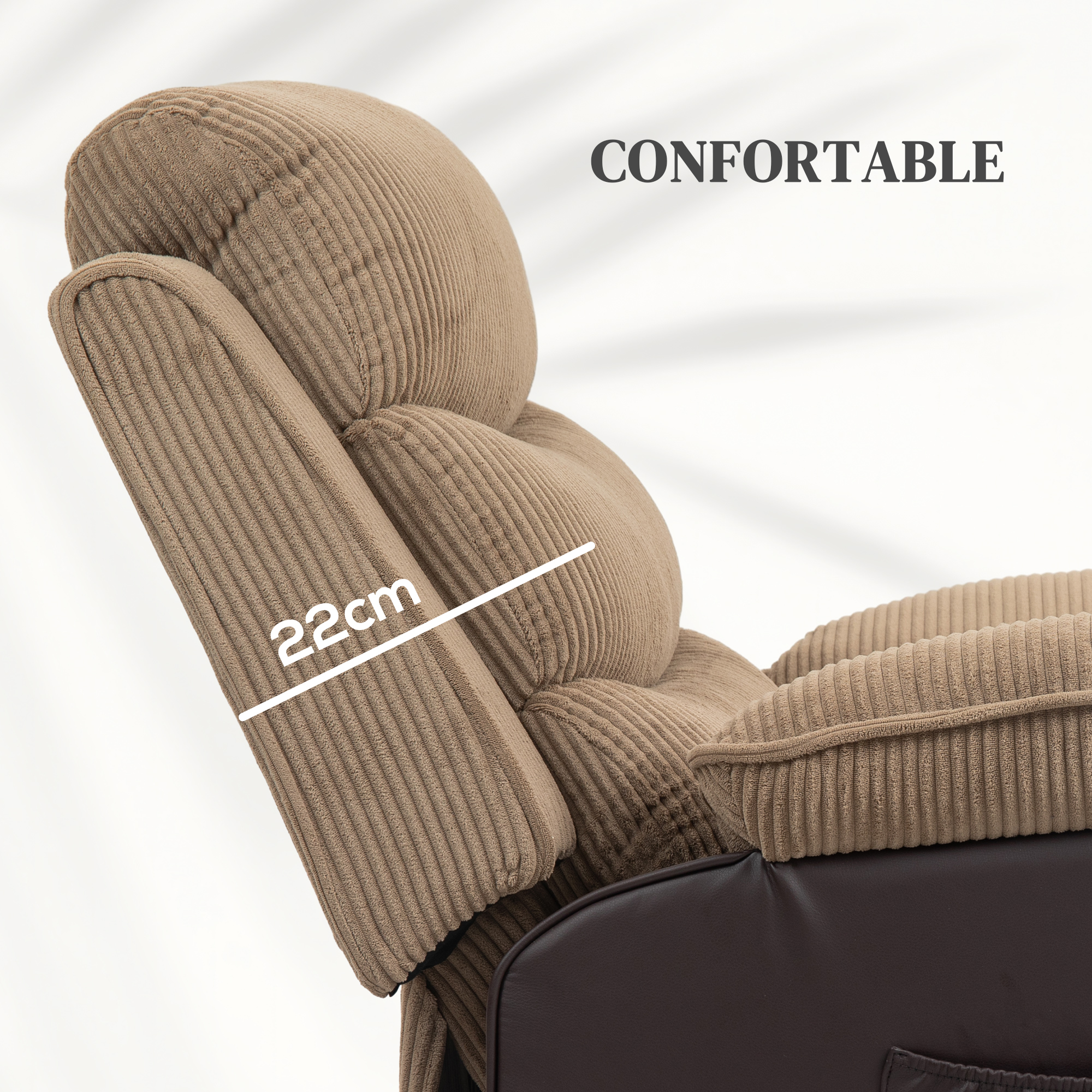 Sillón marrón de pana de 22 cm de grosor con la palabra CONFORTABLE.