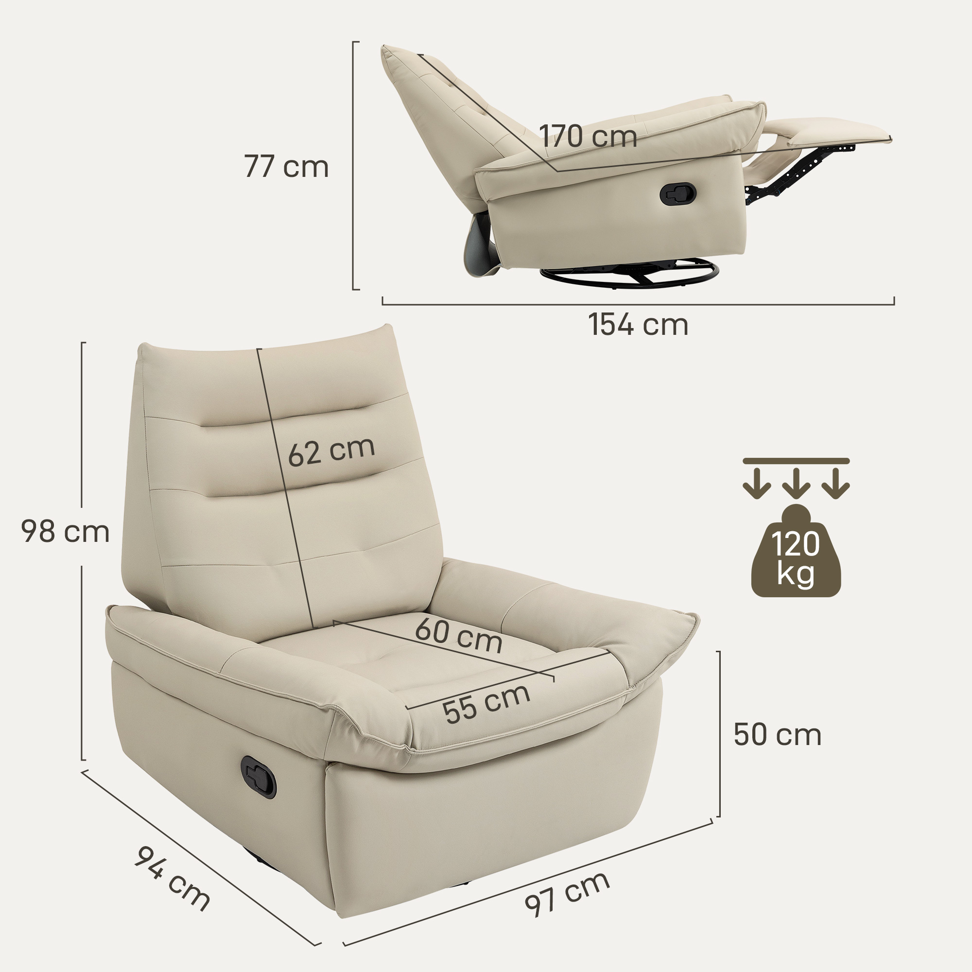 Un sillón reclinable beige con dimensiones: Alto 98cm, Ancho 62cm, Fondo 97cm. Max 120kg.