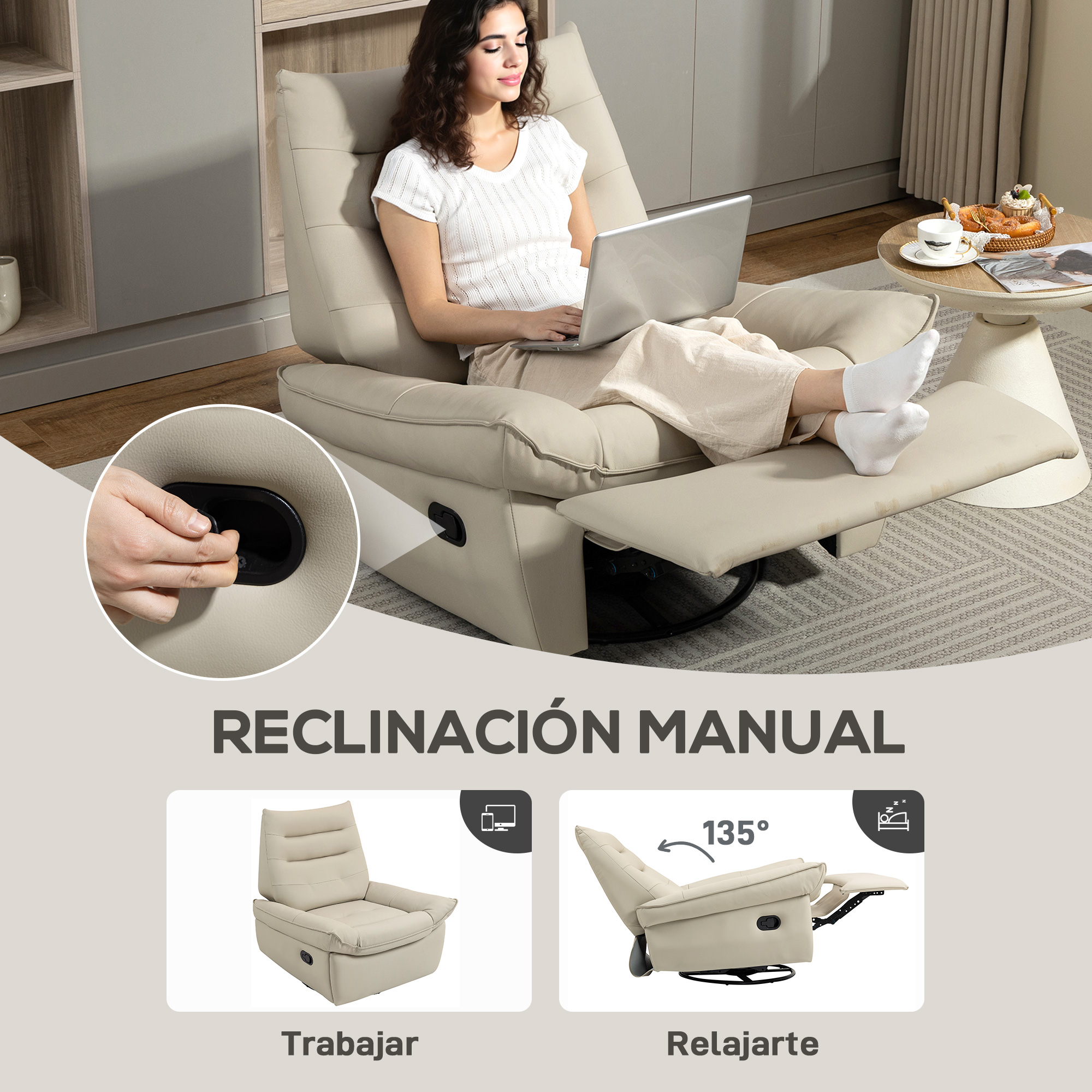 Mujer usa laptop en sillón beige. Primer plano de la palanca.