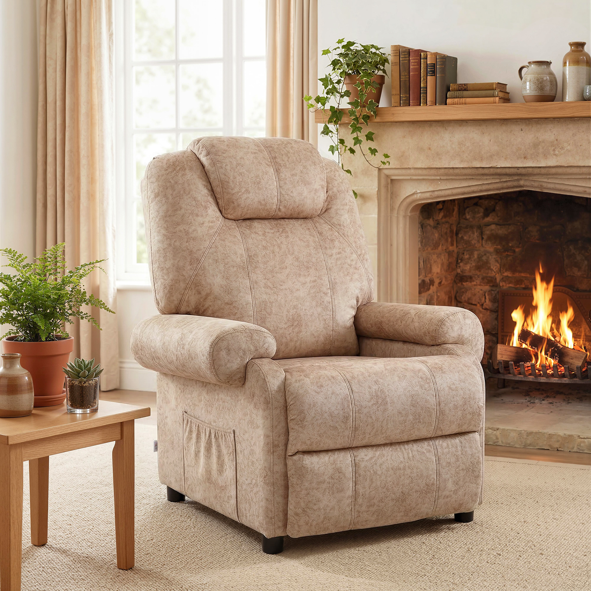 Un sillón beige frente a una chimenea con fuego. Cerca hay una mesa.
