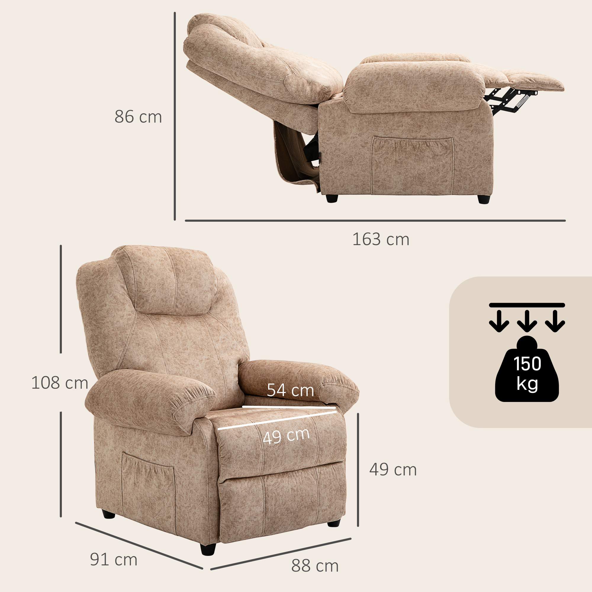 Un sillón reclinable beige con dimensiones y capacidad de peso.