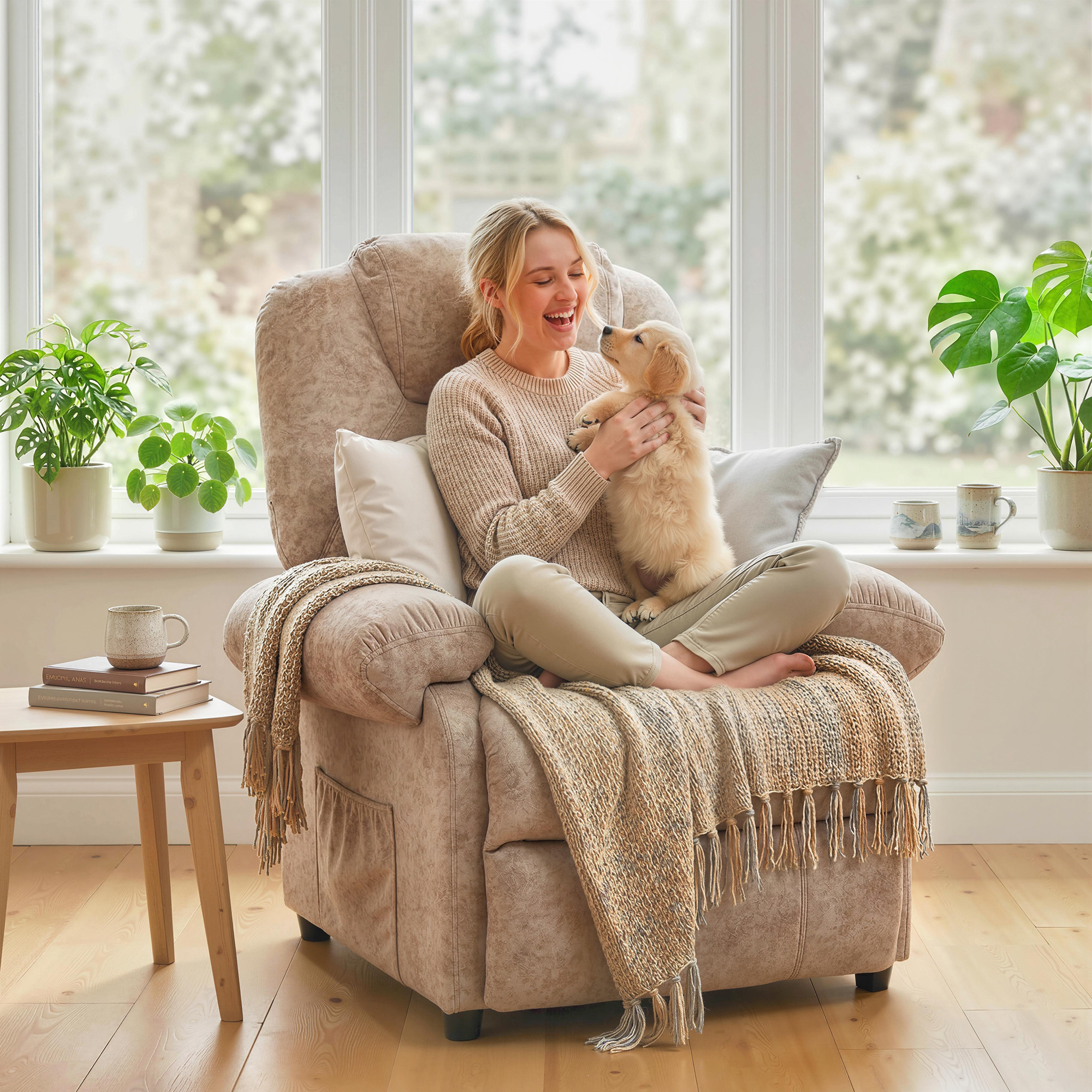 Una mujer sentada en un sillón sosteniendo un cachorro dorado.