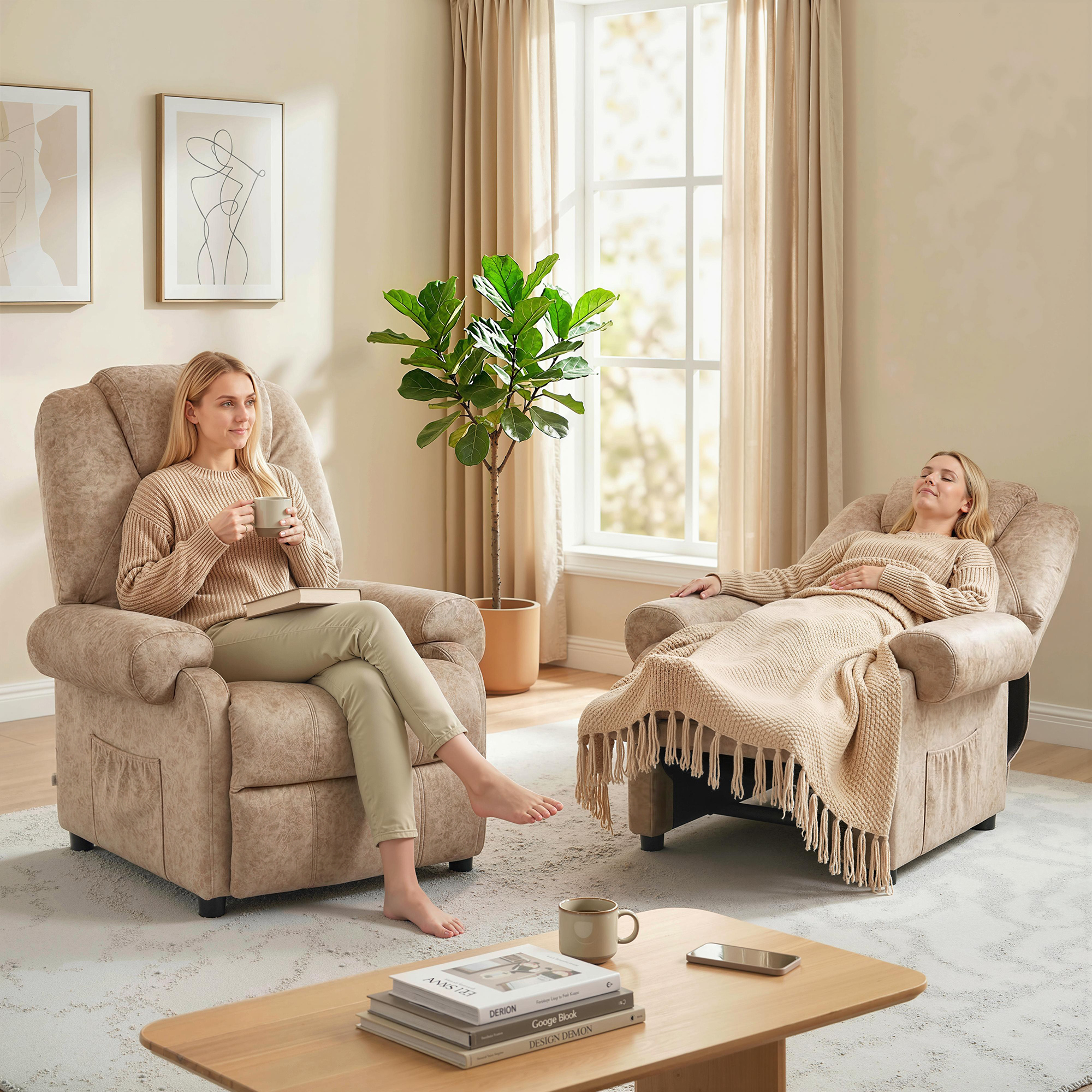 Dos mujeres se relajan en sillones cerca de una ventana con cortinas. Hay un café y libros en una mesa.