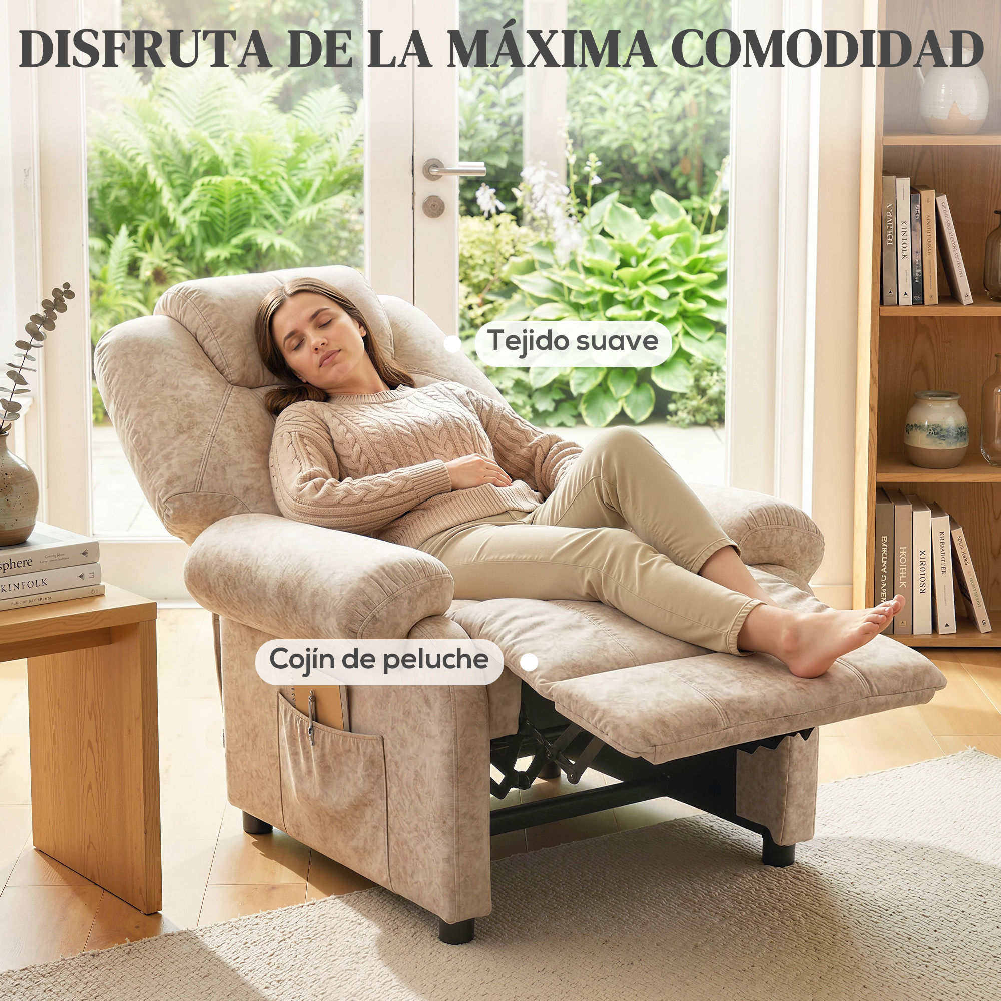 Mujer durmiendo en un sillón reclinable beige cerca de una ventana con plantas.