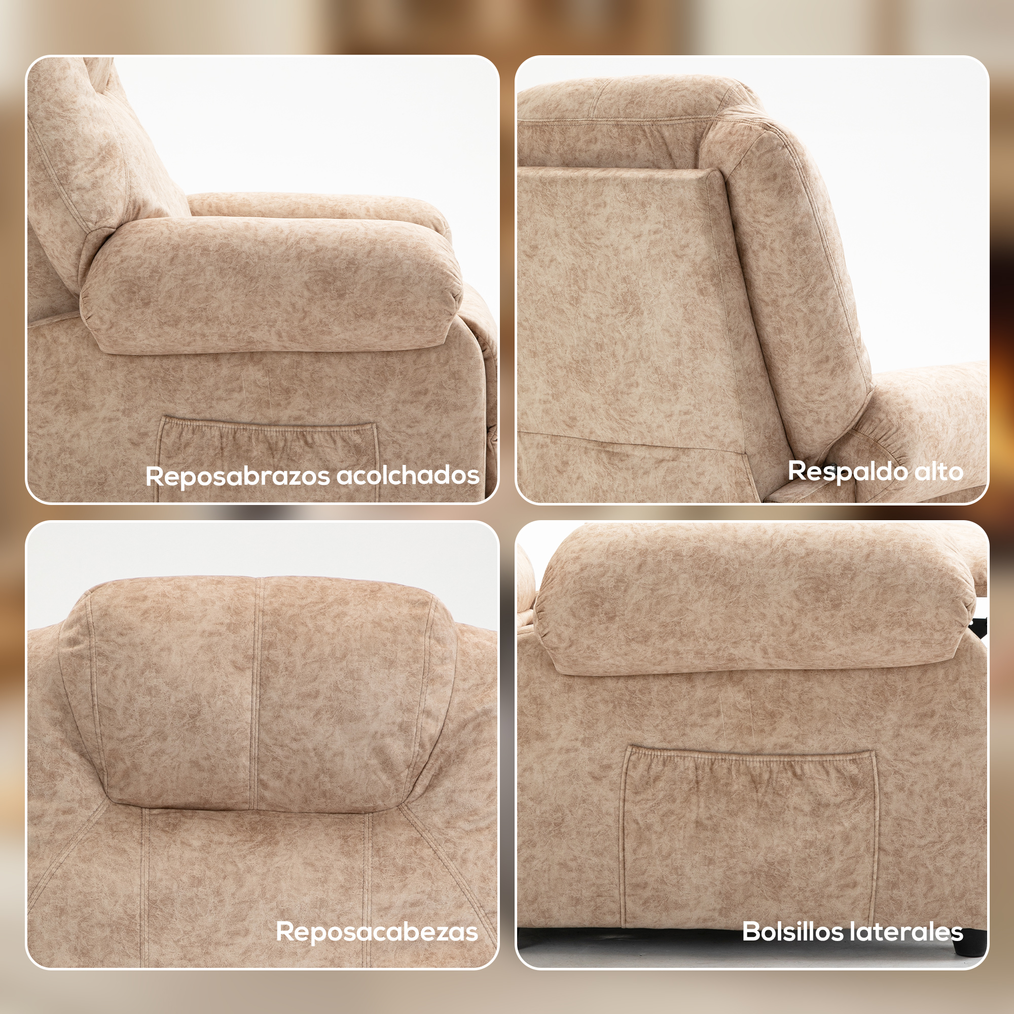 Sillón beige con reposabrazos acolchados, respaldo alto y bolsillos laterales.