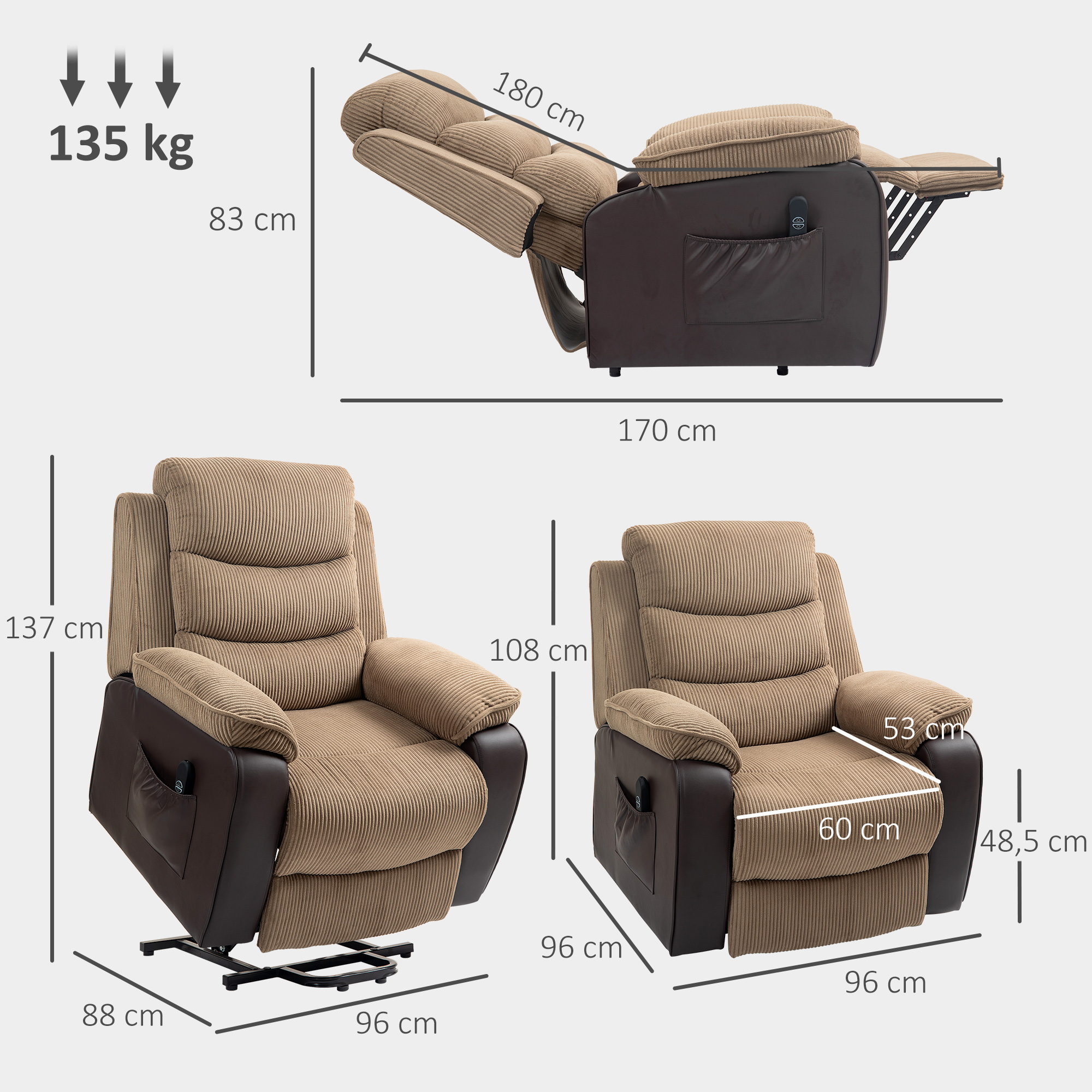 Un sillón reclinable beige con detalles marrones, se muestran dimensiones.