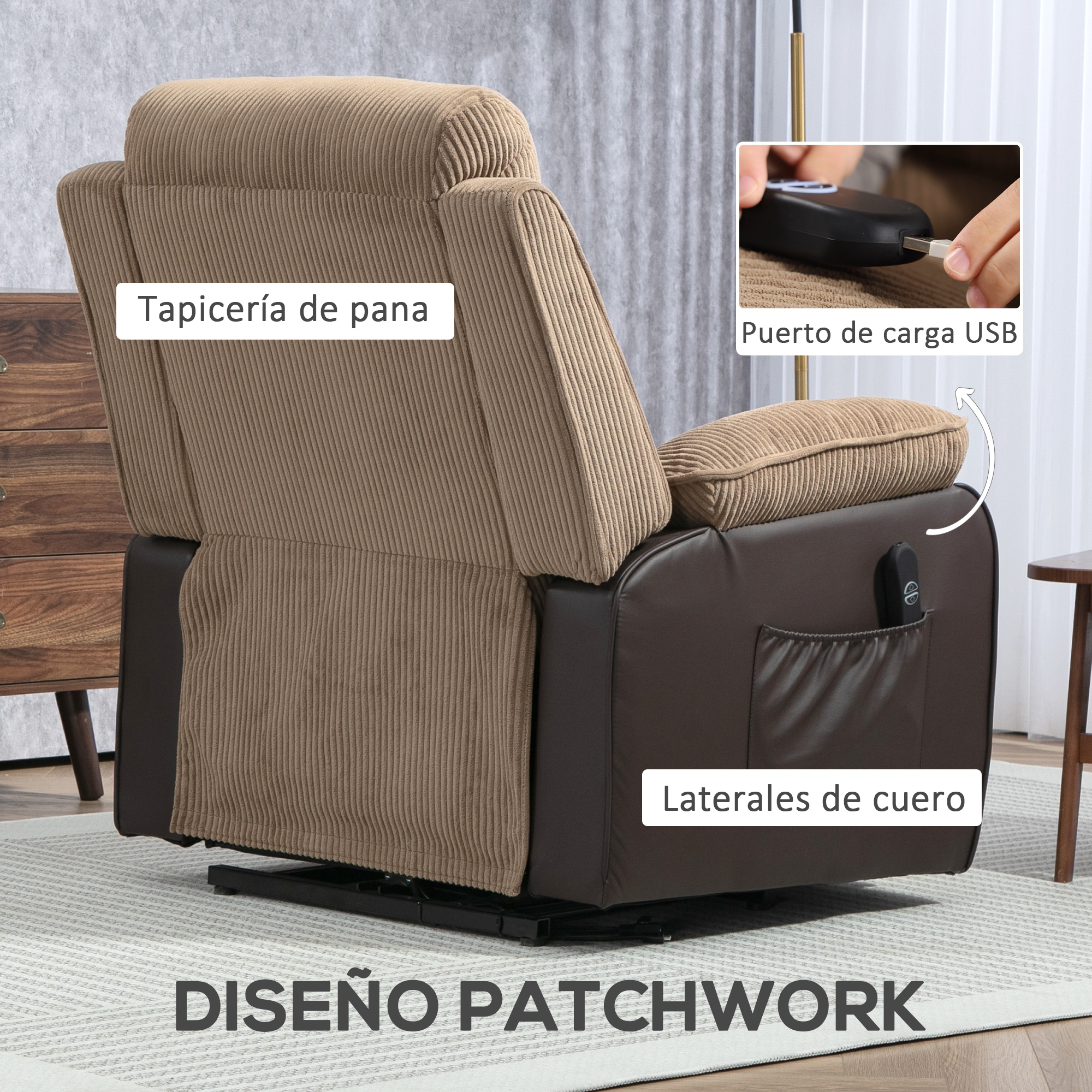 Reclinable marrón con detalles de pana y cuero, con puerto de carga USB.