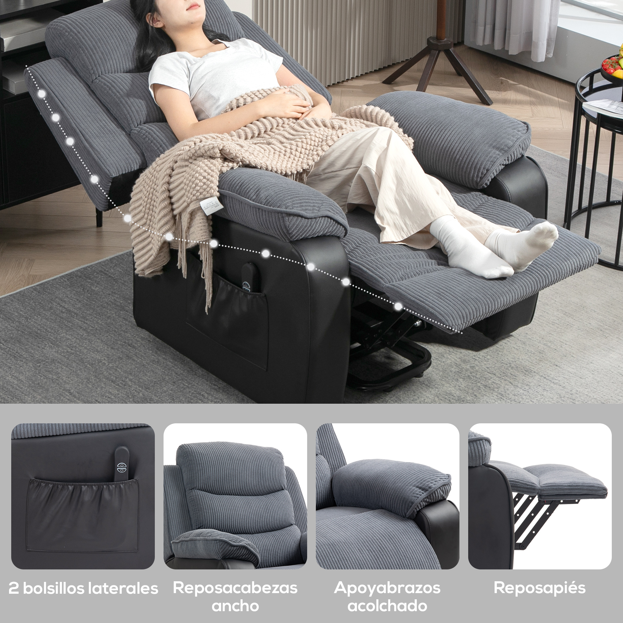 Mujer relajándose en un sillón reclinable gris de pana con reposapiés extendido.